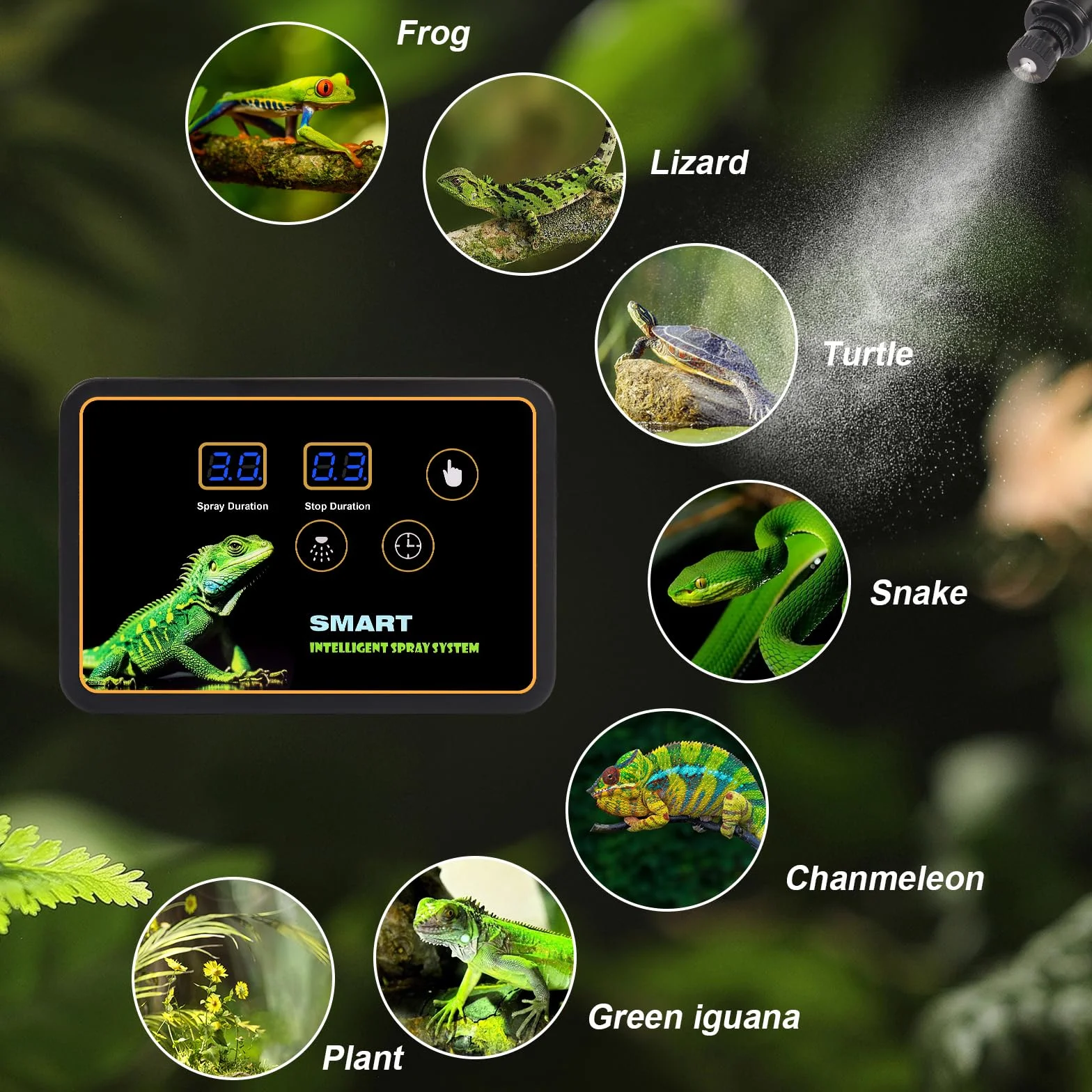 inteligentny system zraszania terrarium, nawilżacz powietrza z timerem i dyszami natryskowymi, regulacja 360°, nawilżacz powietrza, nebulizator do terrarium dla płazów, gadów, roślin