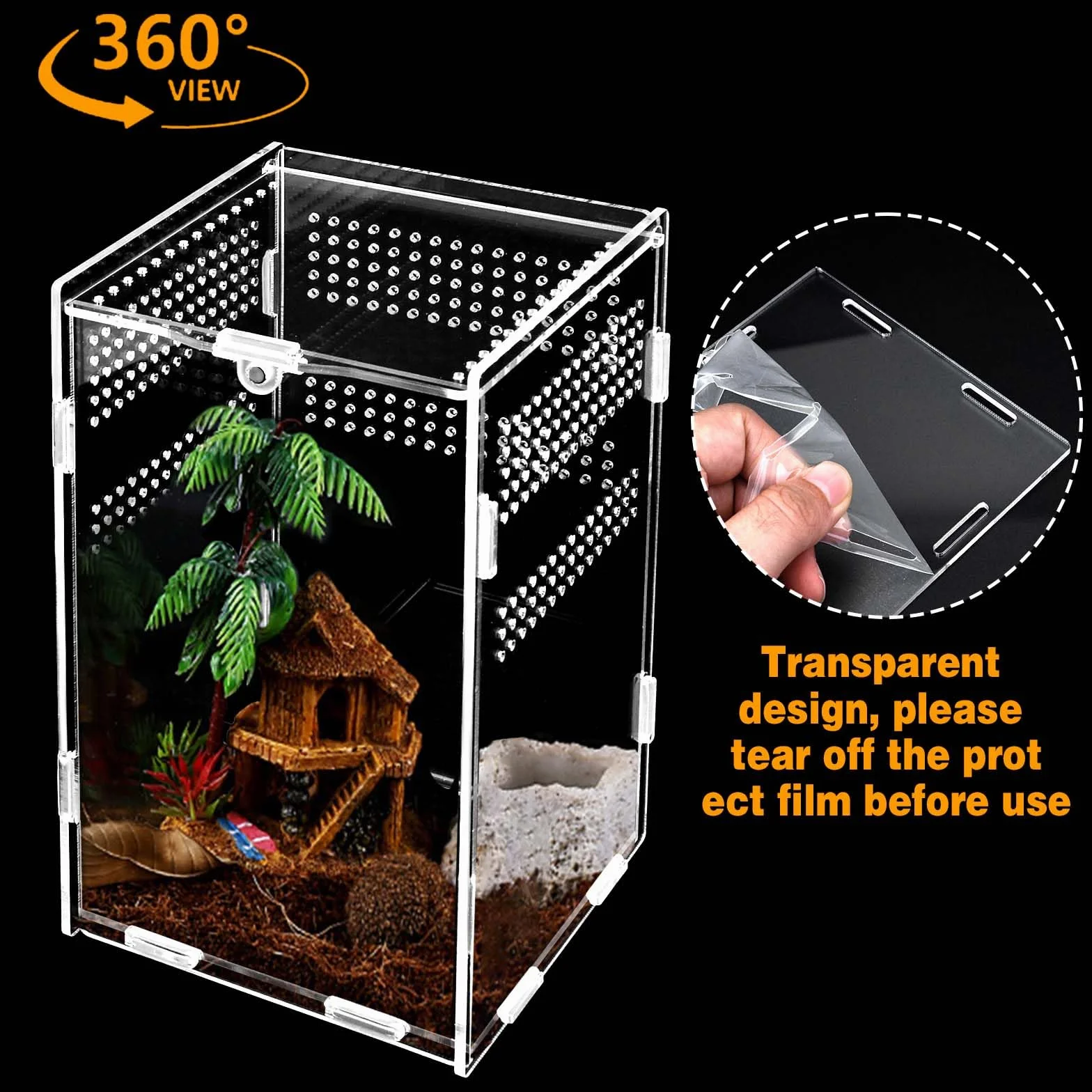 Terrarium akrylowe 20 x 12 x 12 cm, pudełko do karmienia owadów z zaciskami łokciowymi, przenośne pudełko do hodowli zwierząt domowych, konstrukcja zapobiegająca ucieczce
