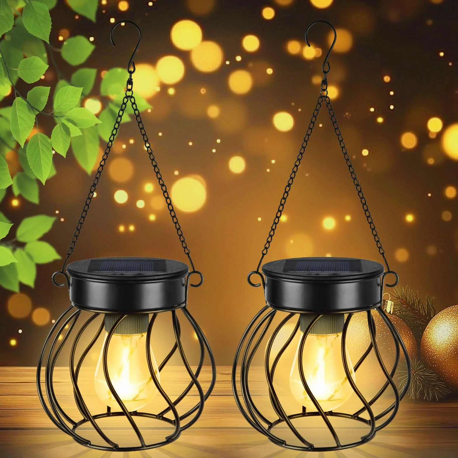 2-pak lampionów solarnych Flintronic – wodoodporne wiszące metalowe lampy solarne do ogrodu IP65 na podwórko, ścieżkę, patio, trawnik, stół i ozdoby ogrodzeniowe