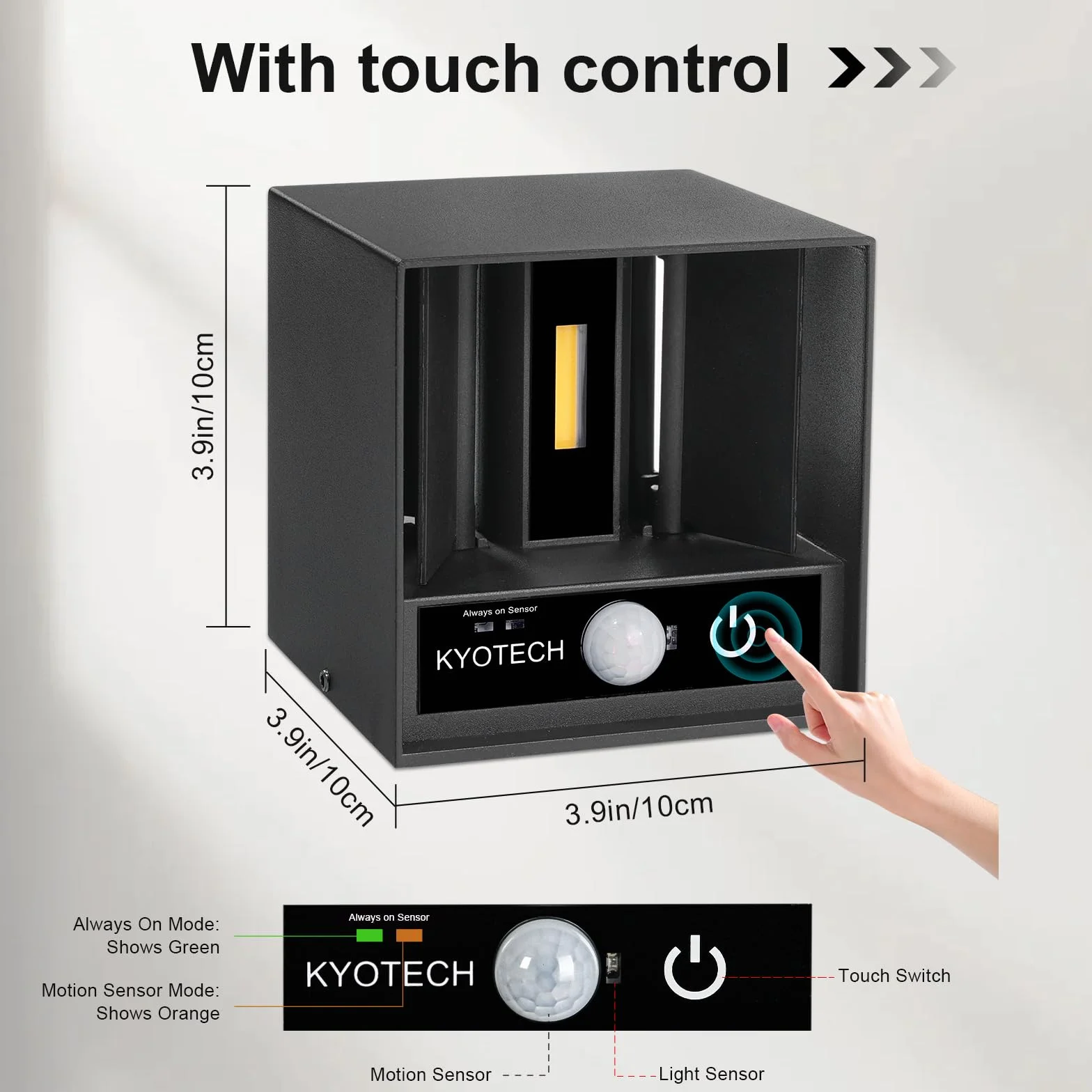 KYOTECH 1 lampa ścienna z czujnikiem ruchu, 12 W, wodoodporna lampa ścienna, IP65, 1320 lm, czarna, regulowany kąt wiązki, oświetlenie wewnętrzne/zewnętrzne, ścienne z dotykowym sterowaniem