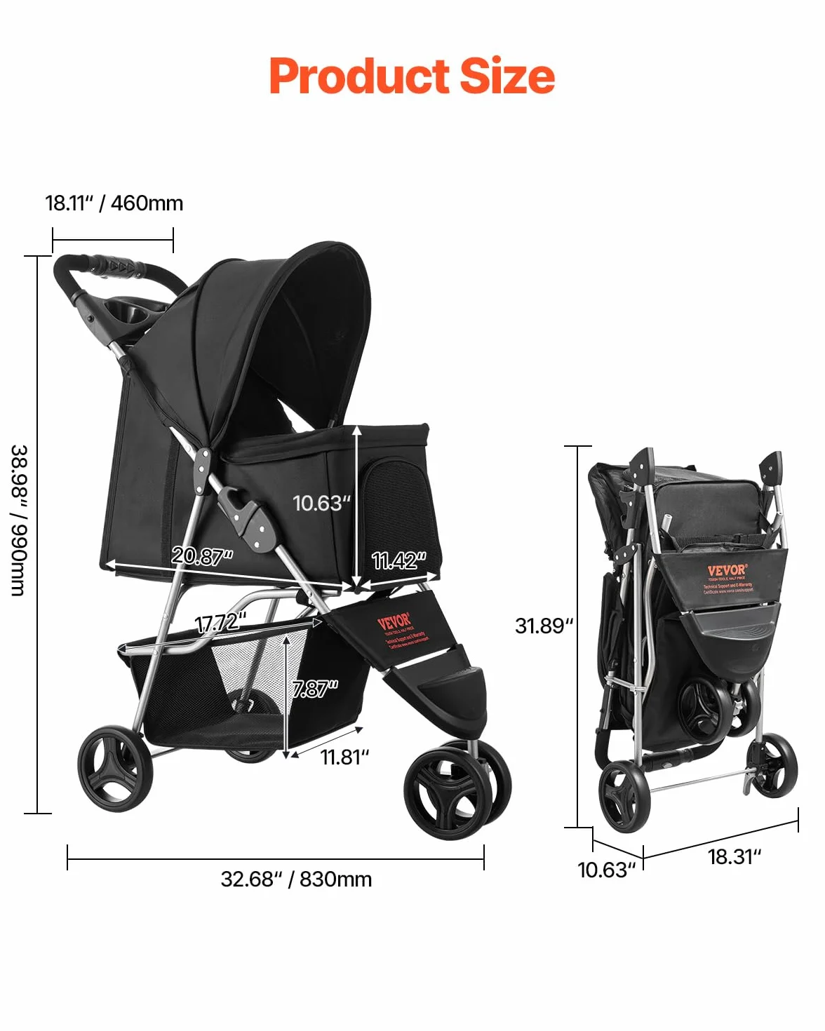 VEVOR Wózek dla zwierząt domowych pojemność 16 kg składany wózek dla psa 3 koła z okienkiem z siatki i uchwytami na kubki przenośny wózek Oxford tkanina 600D z hamulcem dla małych średnich zwierząt
