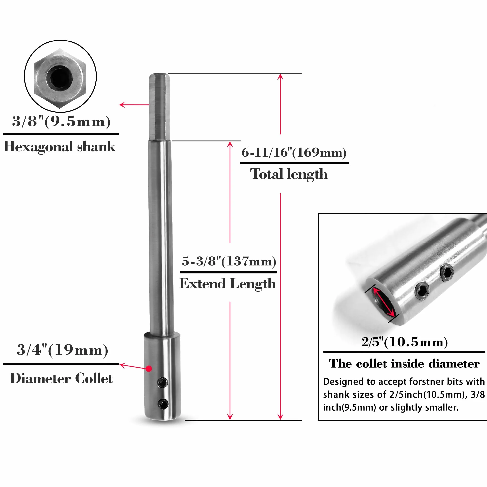 ASNOMY 170 mm bardzo długie przedłużenie do wierteł Forstnera z trzonkiem 3/8", przedłużka do szczególnie głębokich frezów i przełomów