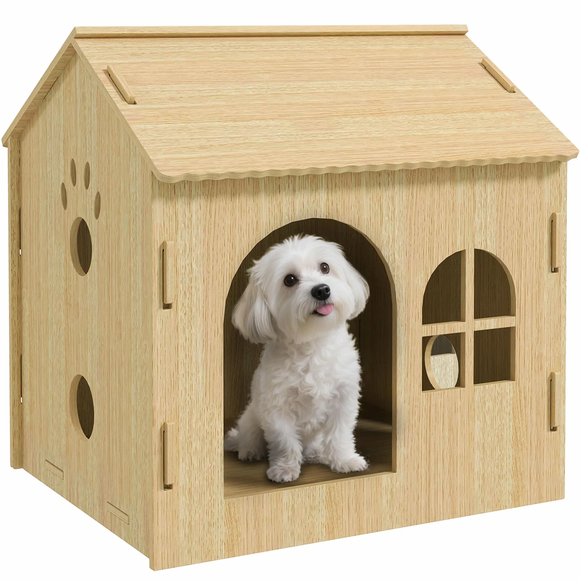 PawHut Buda dla psa z oknem, domek dla kotów z uroczym wzorem łap, montaż bez śrub, dla małych psów poniżej 4 kg, do wnętrz, 49,5 x 41 x 51 cm, dąb