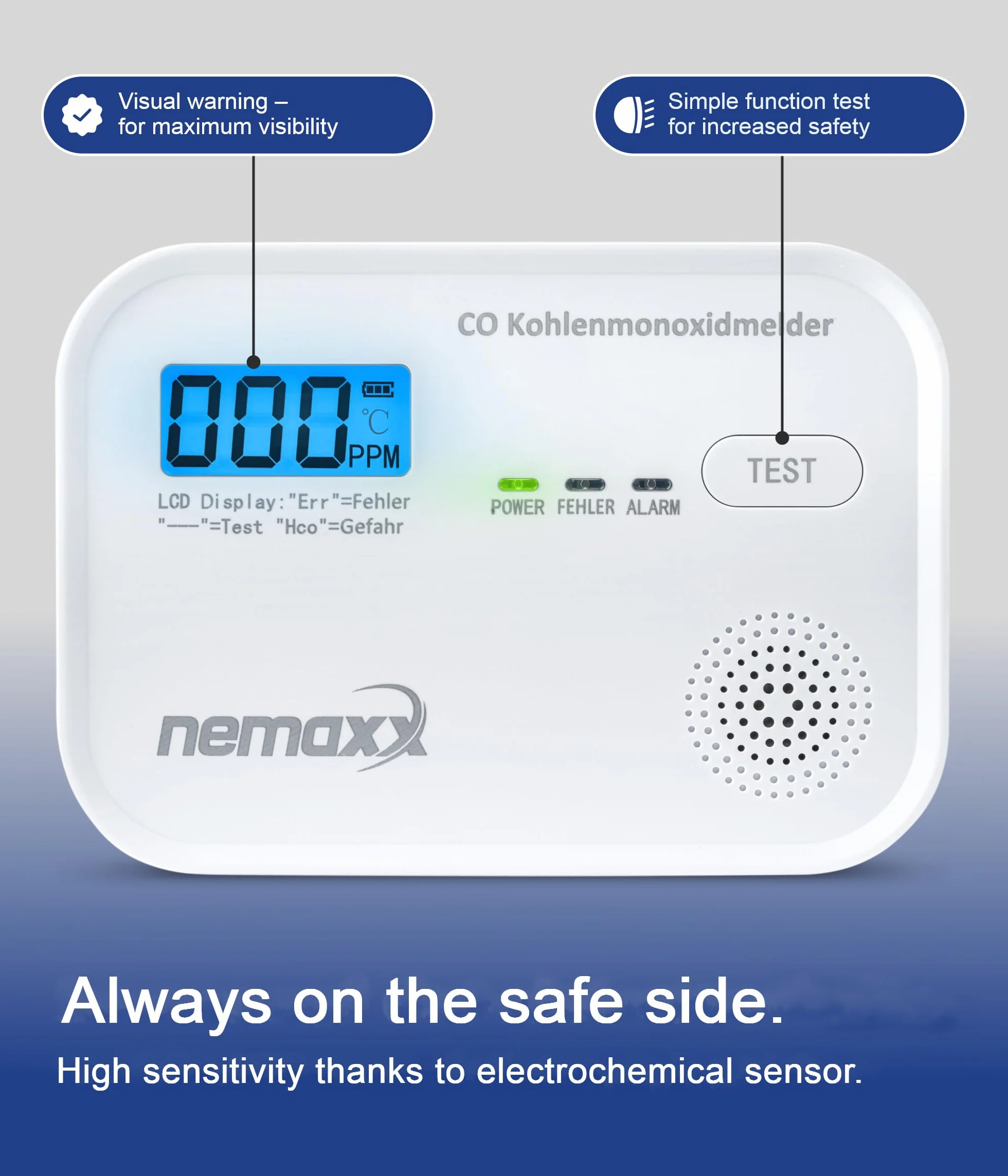 NEMAXX CM18 Czujnik Tlenku Węgla Alarm CO z Wyświetlaczem LCD 85 dB Sensor Elektrochemiczny EN 50291-1:2018 Zestaw 3 szt.