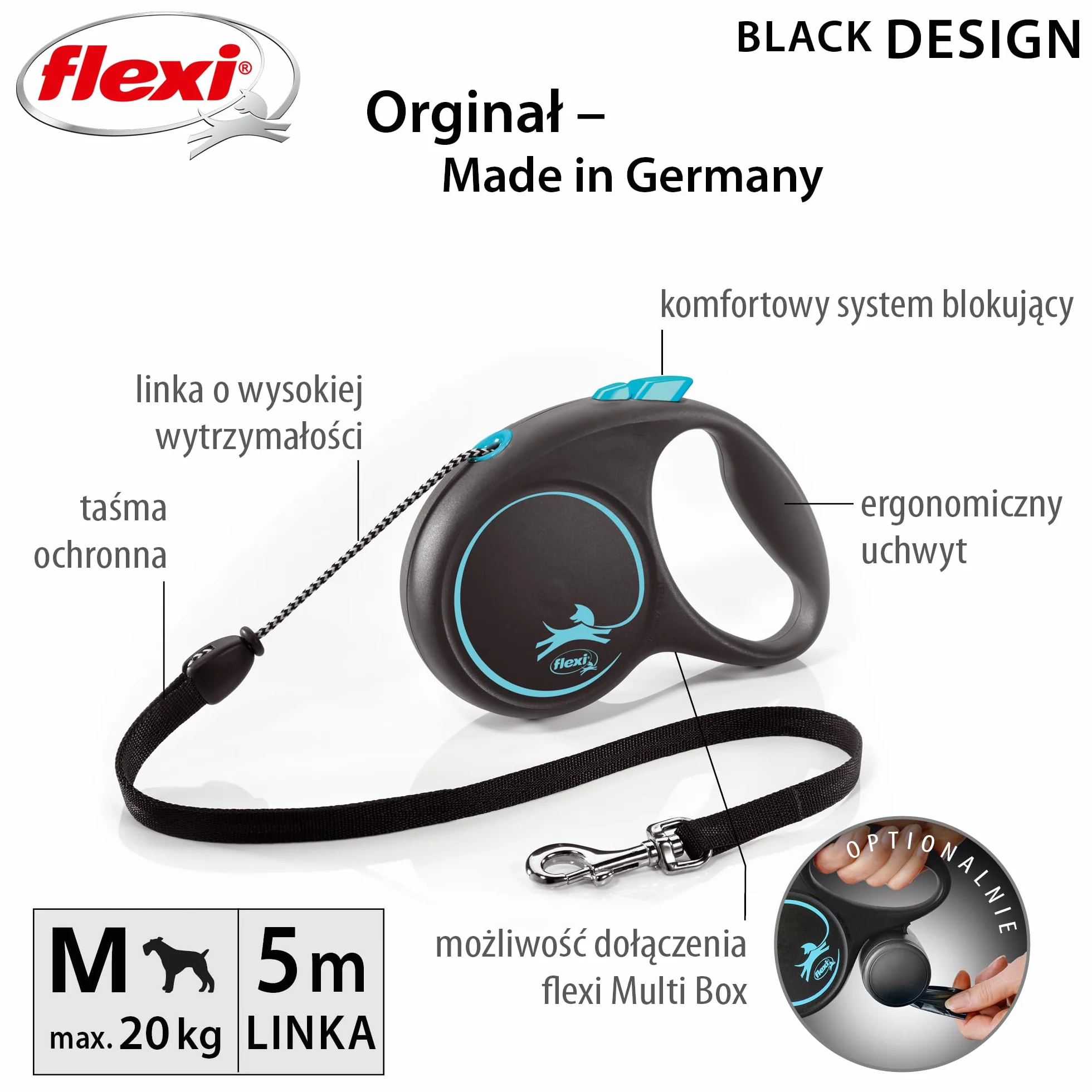 Flexi, model smyczy w kolorze czarnym, wersja ze sznurkiem, nowoczesny i ergonomiczny kształt, zaawansowany system prowadzenia, zwijana smycz, wyprodukowano w Niemczech, czarno-niebieski, M - 5m