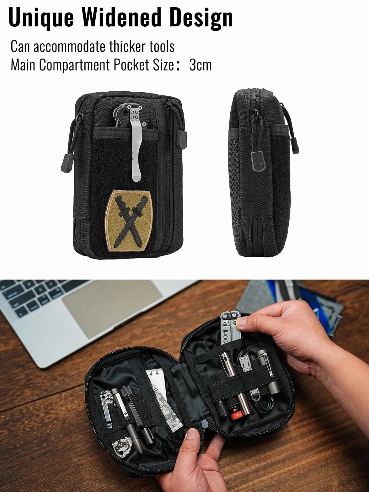Sayram SP5 EDC Organizer Narzędzi, mała torba na narzędzia z zapięciem na rzepy, EDC Pouch torba taktyczna z 6 kieszeniami na wyposażenie EDC, organizer multitool z zamkiem błyskawicznym – czarny
