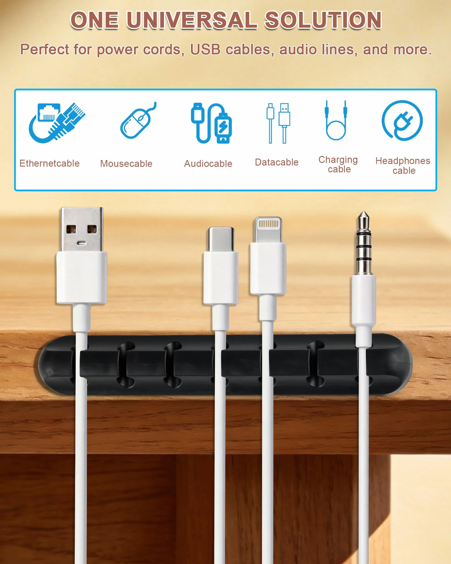Organizer do Kabli na Biurko, 7 Sztuk Uchwyty na Kable Samoprzylepne i Wielofunkcyjne, w 5 Rozmiarach, Cable Management Set do Samochodu, Biura, PC i Domu (Czarny)
