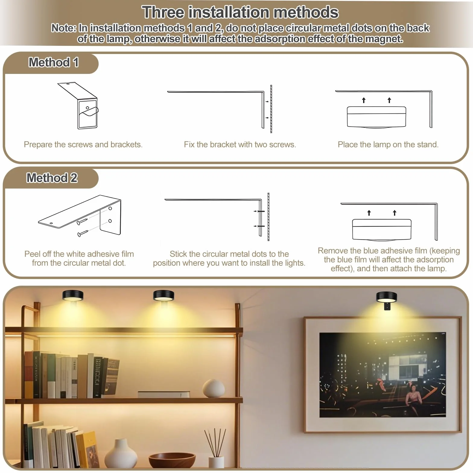 Bezprzewodowa lampa do obrazów, 3 sztuki, oświetlenie obrazu z pilotem zdalnego sterowania, magnetyczne światło do malowania z 3 trybami oświetlenia i timerem, ramka na zdjęcia, oświetlenie