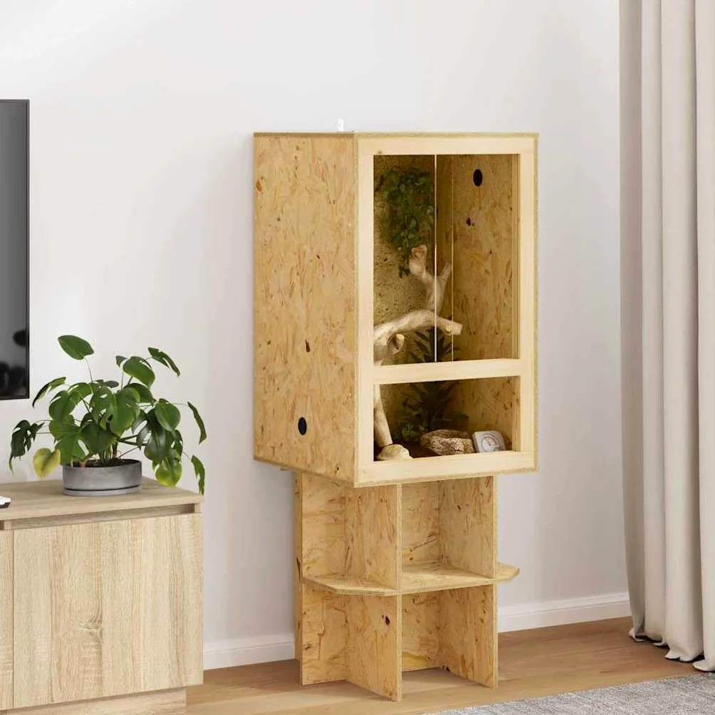 Terrarium brązowe 50 x 50 x 80 cm OSB, wybieg dla gadów z drzwiami przesuwnymi, szkło i drewno, wentylacja dla płazów, bartagame, węża, żółwia, gekonu, pająka, kameleona, żaby, jaszczurki