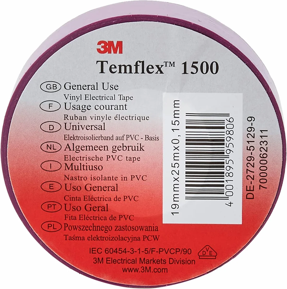 3M TVIO1925 Temflex 1500 winylowa taśma izolacyjna, 19 mm x 25 m, 0,15 mm, fioletowa
