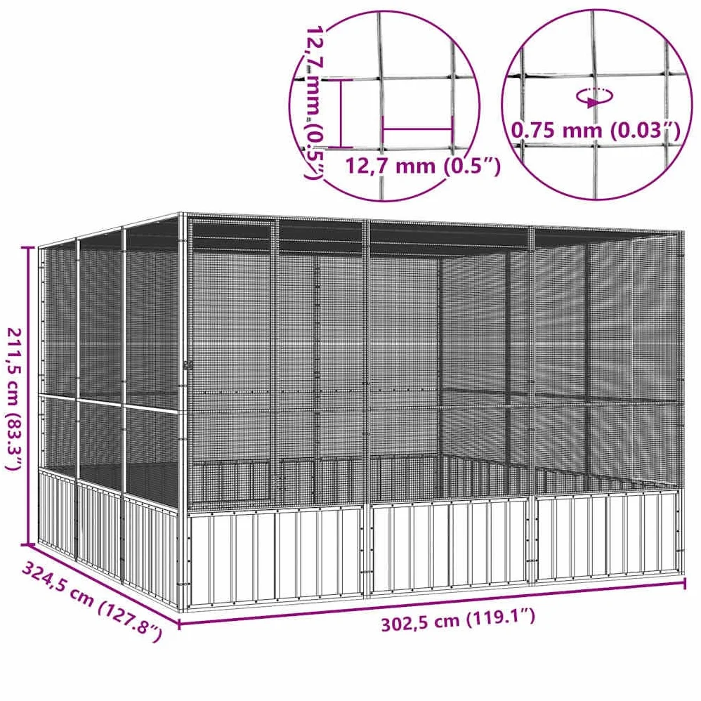 Woliera dla ptaków z ocynkowanej stali, duża klatka dla ptaków do użytku na zewnątrz, przestronna woliera z zamykanymi drzwiami, 302,5 x 324,5 x 211,5 cm