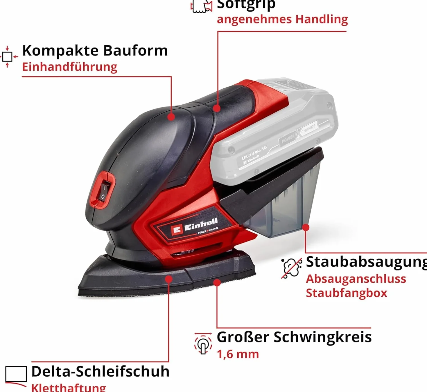 Einhell Multiszlifierka akumulatorowa TE-OS 18/150 Li-Solo Power X-Change (18 V, Li-ion, 24000 min-1, obwód oscylacyjny 1,6 mm, pojemnik na kurz, adapter do odsysania, bez akumulatora i ładowarki)