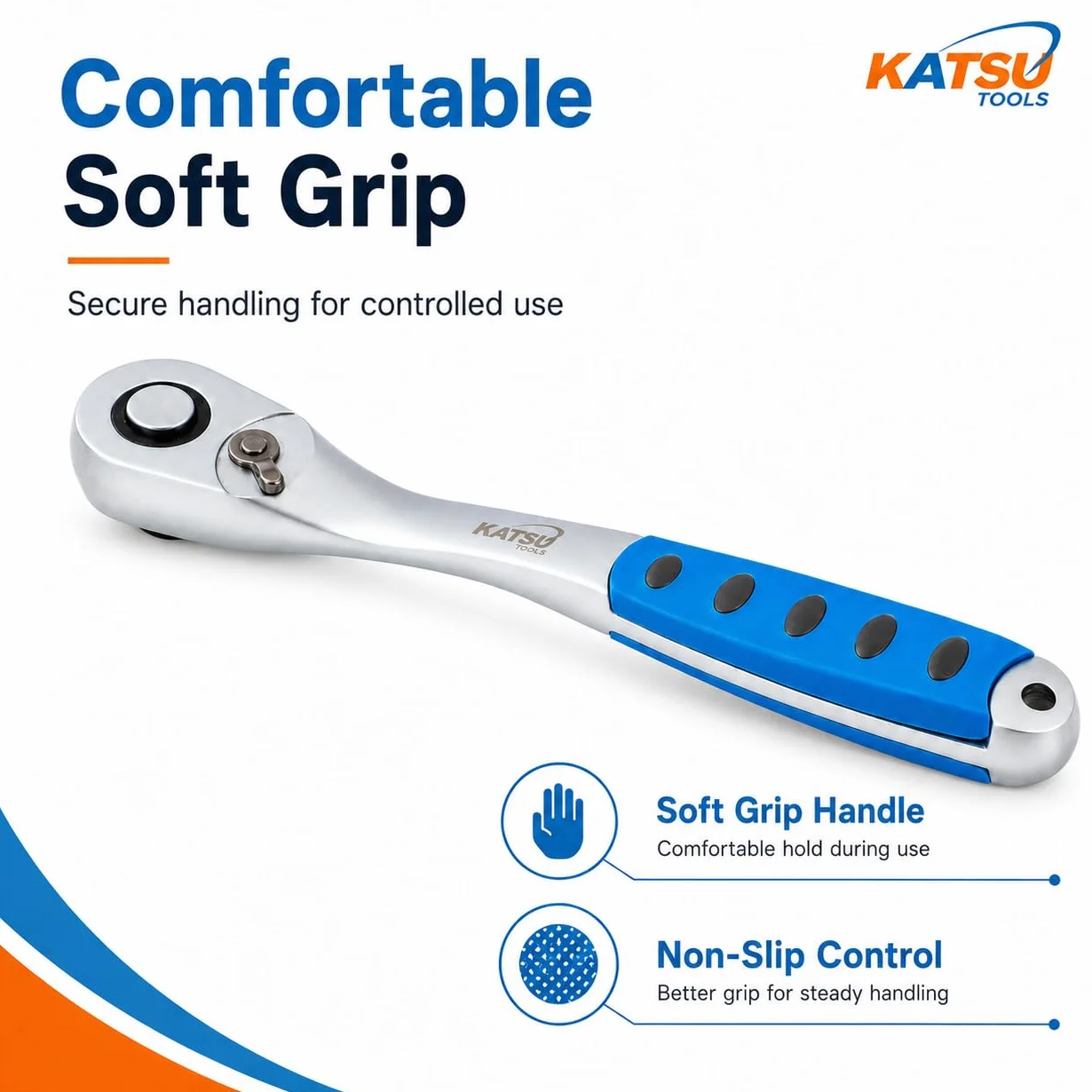 KATSU Tools 1/2-calowy kwadratowy napęd 90 zębów szybkie zwalnianie odwracalny klucz nasadowy z grzechotką, miękki uchwyt, stal CR-V, długość 260 mm 423909