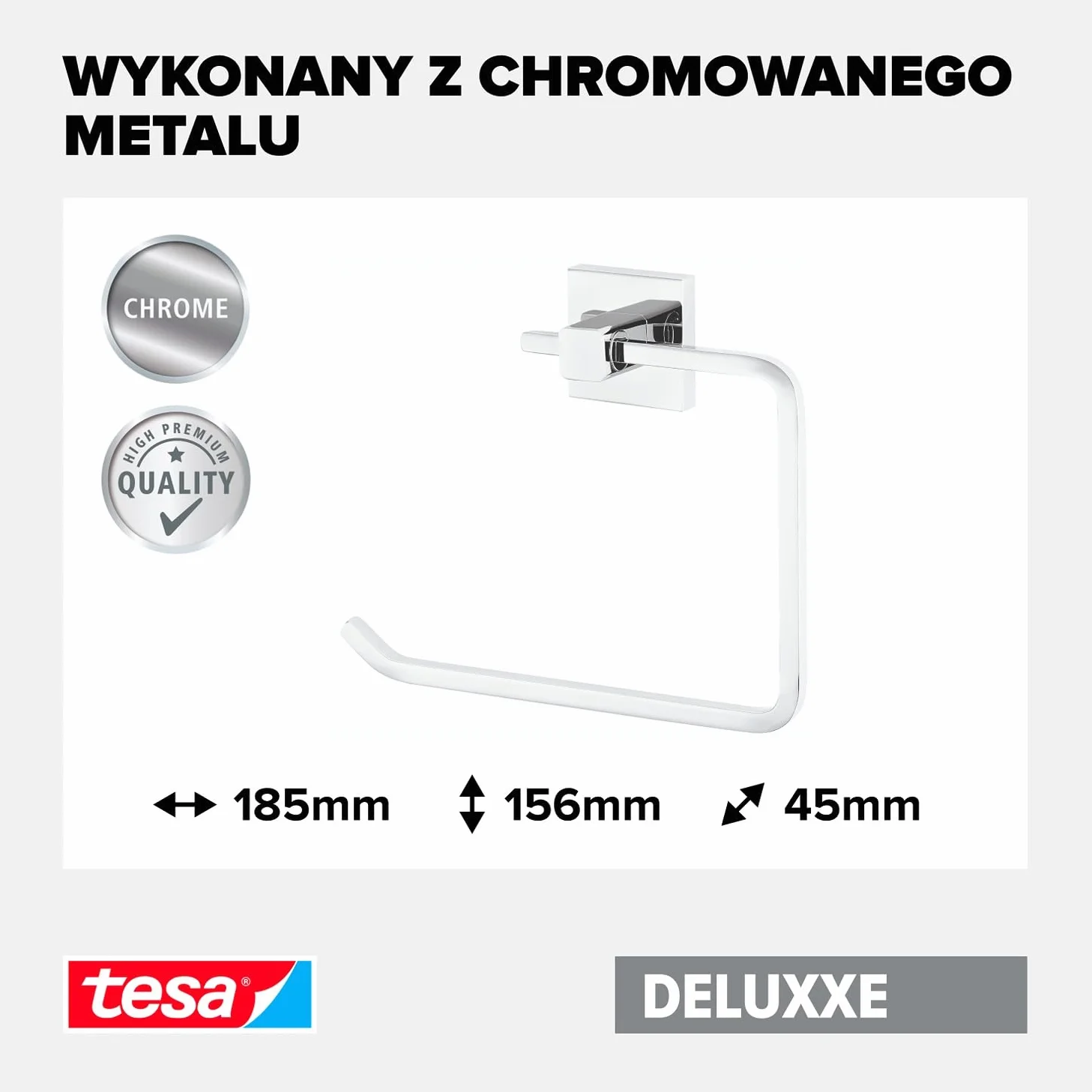 tesa DELUXXE wieszak na ręczniki – samoprzylepny, metalowy pierścień ręcznikowy do łazienki – chromowany metal – prosty montaż – 156 mm x 185 mm x 45 mm