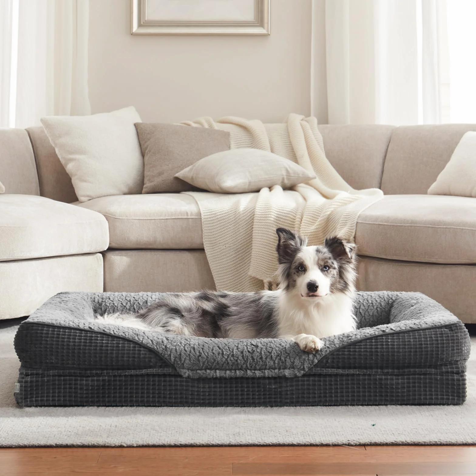 FURTIME Ortopedyczne legowisko dla psa, średniej wielkości, z pianką memory, zdejmowane i nadające się do prania, antypoślizgowe legowisko dla psa, sofa z wysokim brzegiem, 89 x 64 x 18 cm