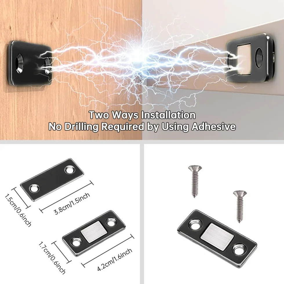 Magnesy na drzwi, mocne, magnetyczne drzwi szafy, 4 sztuki, samoprzylepne magnesy na meble, do szafy, ze stali nierdzewnej, do drzwi przesuwnych, kuchni, okien, szafy, czarne