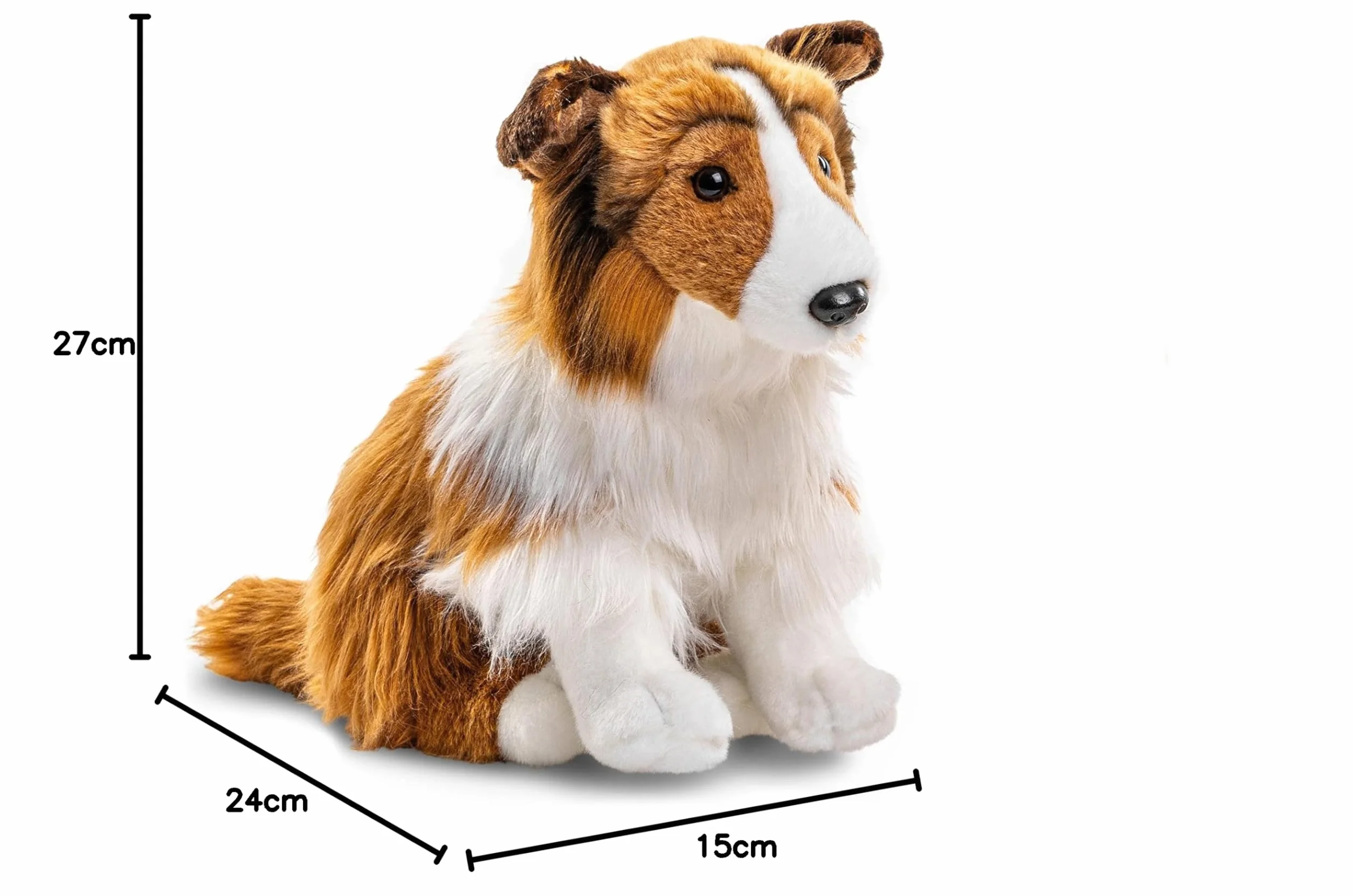Uni-Toys - Kostka z długimi włosami, siedząca - twarz biało-brązowa - 27 cm (wysokość) - pluszowy pies, Collie, zwierzę domowe - pluszowa zabawka, przytulanka
