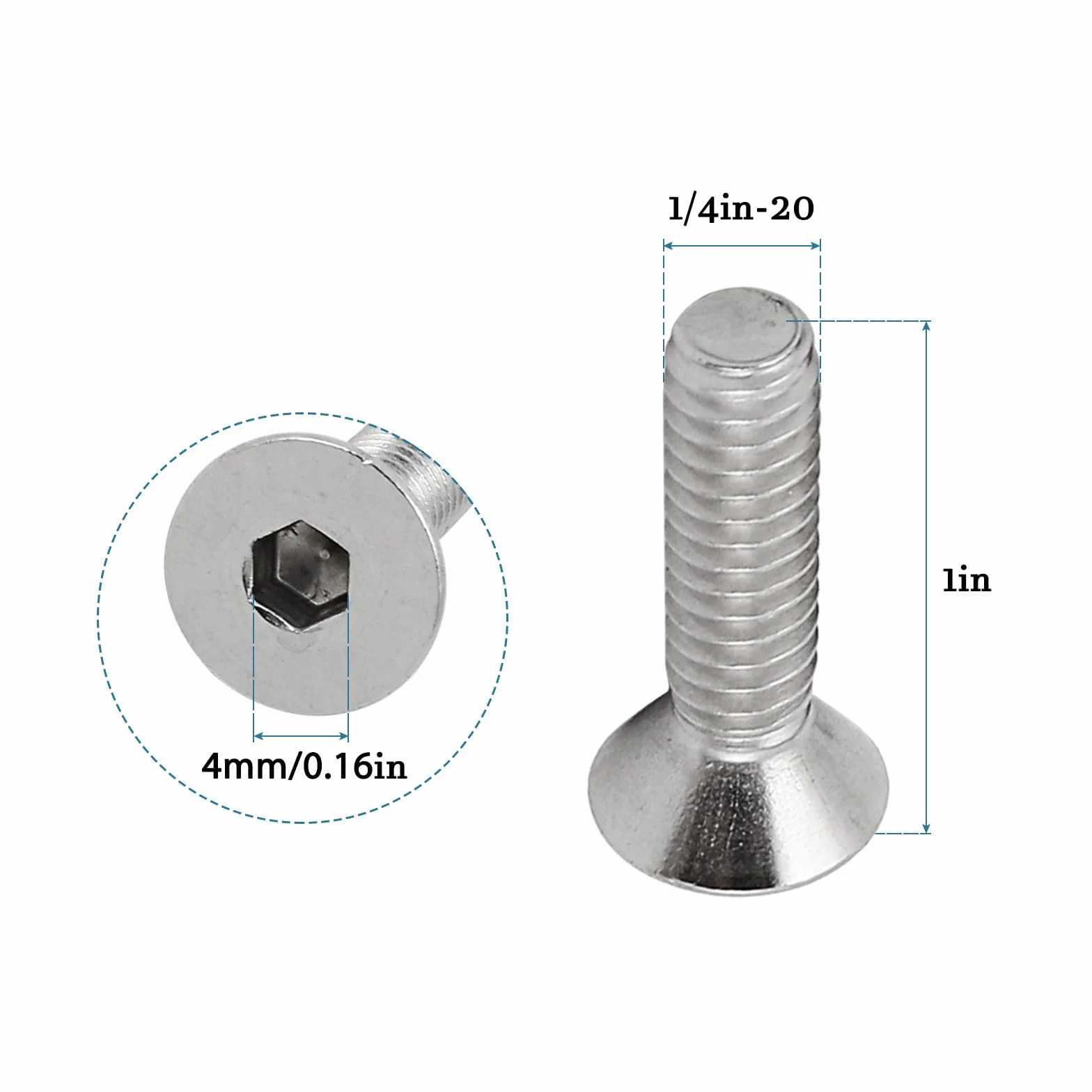 QUARKZMAN 1/4-20 x 1" Hex cokół płaski łeb śruby z łbem stożkowym x 10 szt. 304 stal szlachetna cokół nasadka łeb śruby do maszyn i mebli, [srebrny]