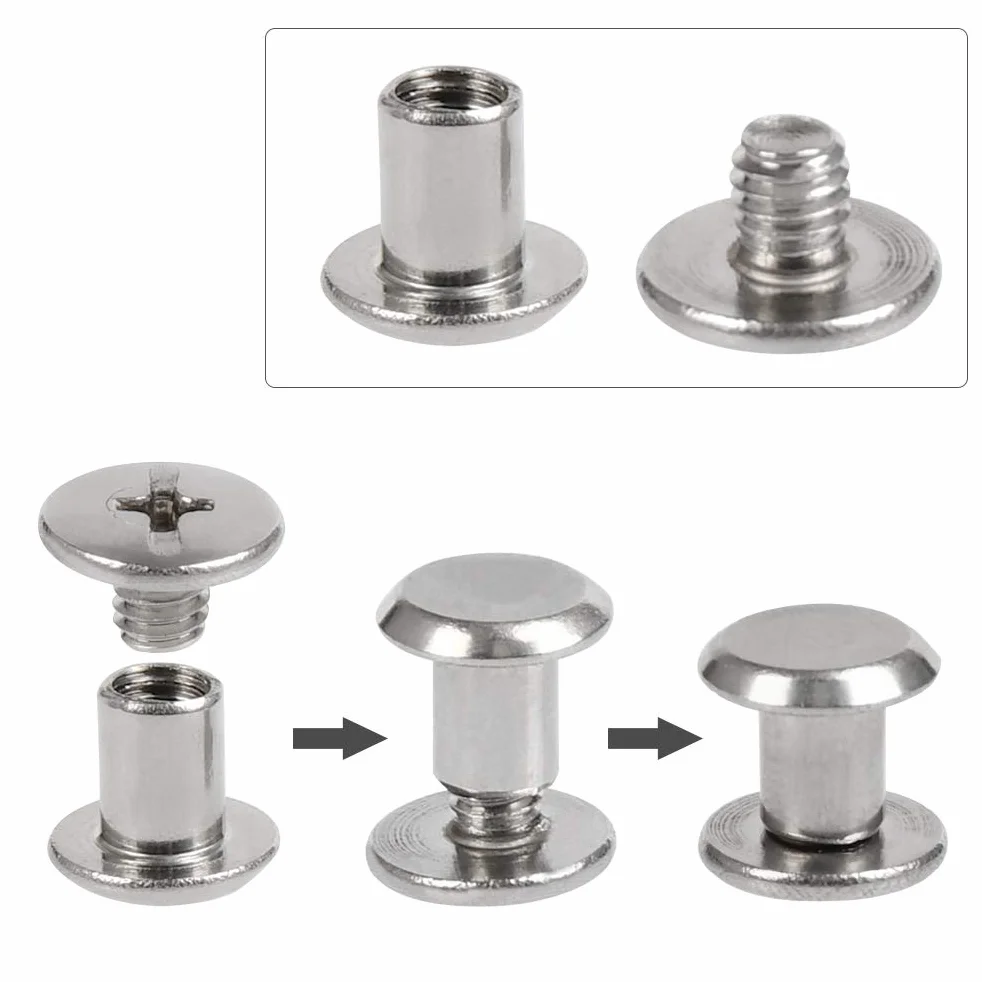 Zestawy śrub Chicago 5 mm 100 szt., TIMESETL Binding Screws Nit z guzikami Chicago Płaskie skórzane nity Chicago, 50 Nitów Chicago, 50 Nitów Chicago+50 zakrętek, niklowana książka, 5 x 6 mm
