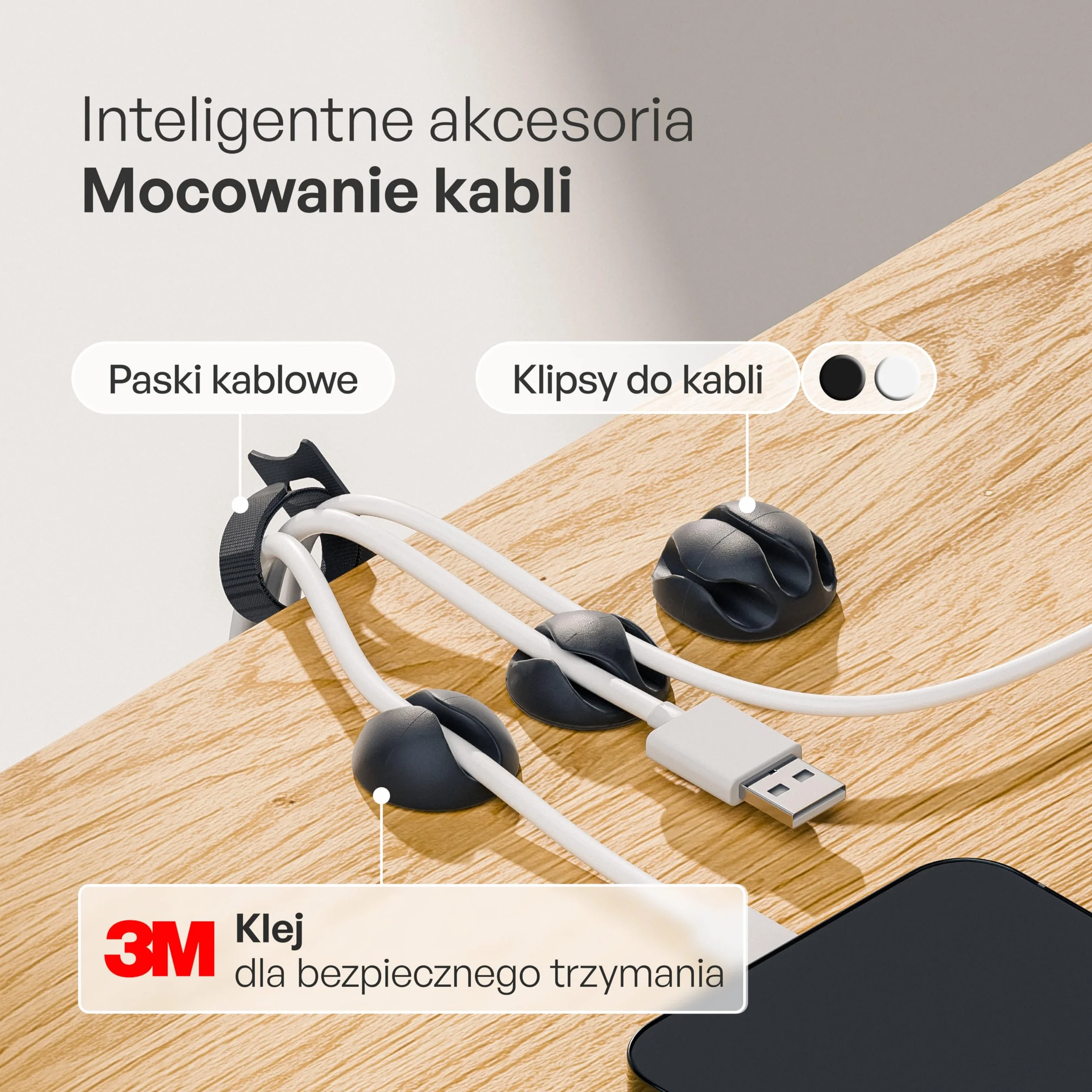 PAMO kanał kablowy na biurko czarny 2 sztuk – 10 opasek kablowych na rzepy i opaski kablowe – montaż śrubami – organizer na biurko do biura i biura domowego