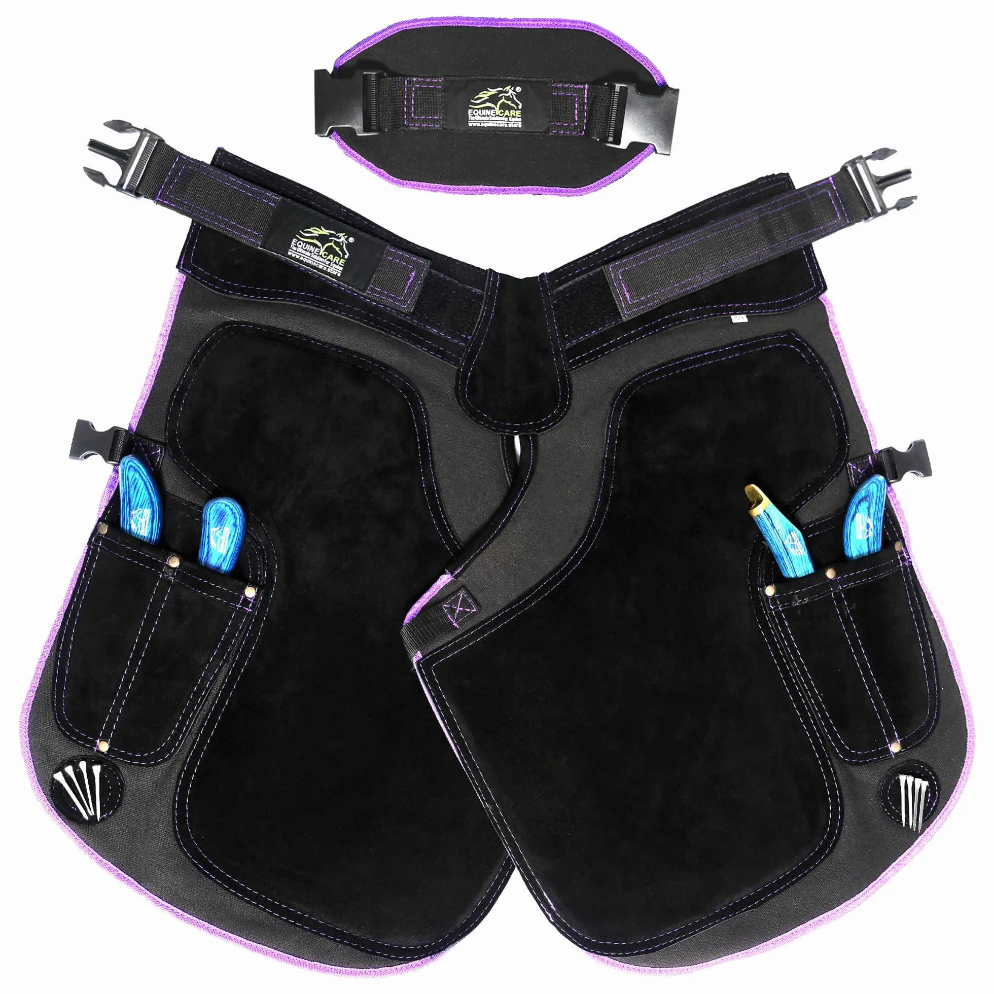 Equine Care Fartuch damski Farrier 23″ - skóra i płótno, regulowana talia 28-52″, wyściełane kolana EVA, podparcie lędźwiowe, 4 kieszenie na noże i magnesy na paznokcie do przycinania kopyt (czarny z