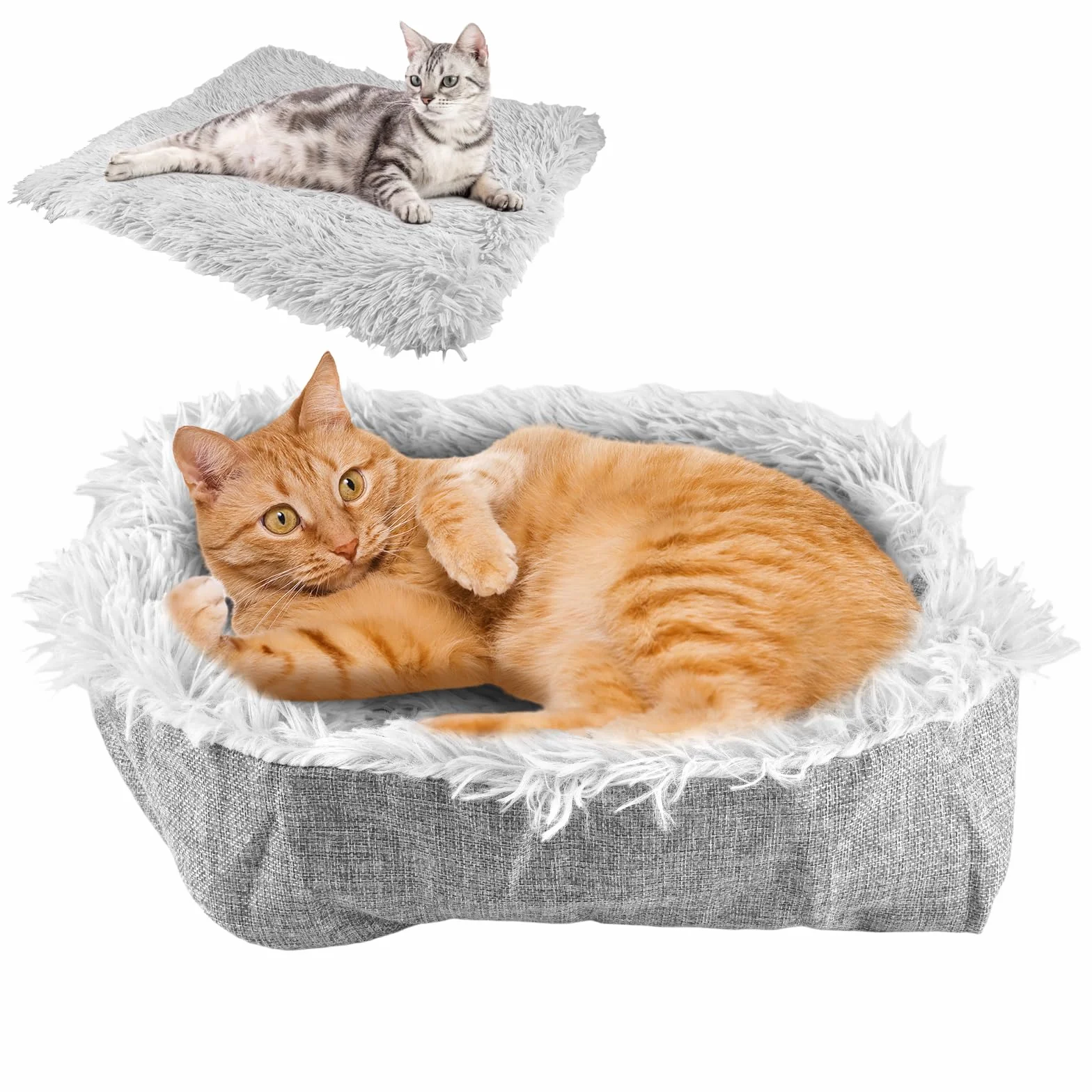 EXIN DECHEN Puszyste legowisko dla kota, 2 w 1, legowisko dla kota, nadaje się do prania, 61 x 51 cm, poduszka dla kota, izolacja cieplna, pogrubienie, wygodna sofa dla kota, szary, kosz dla kotów