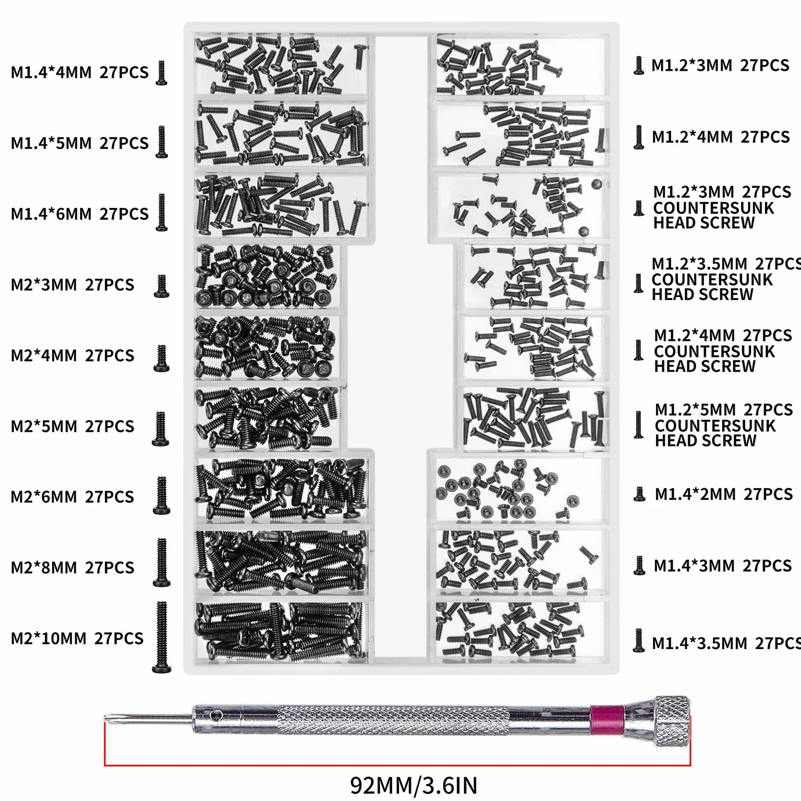 Zestaw śrub do okularów M1.2/M1.4/M2, mikrośruby z głowicą sześciokątną, śruby do laptopa i okularów z wgłębionymi głowicami okrągłymi 500 sztuk