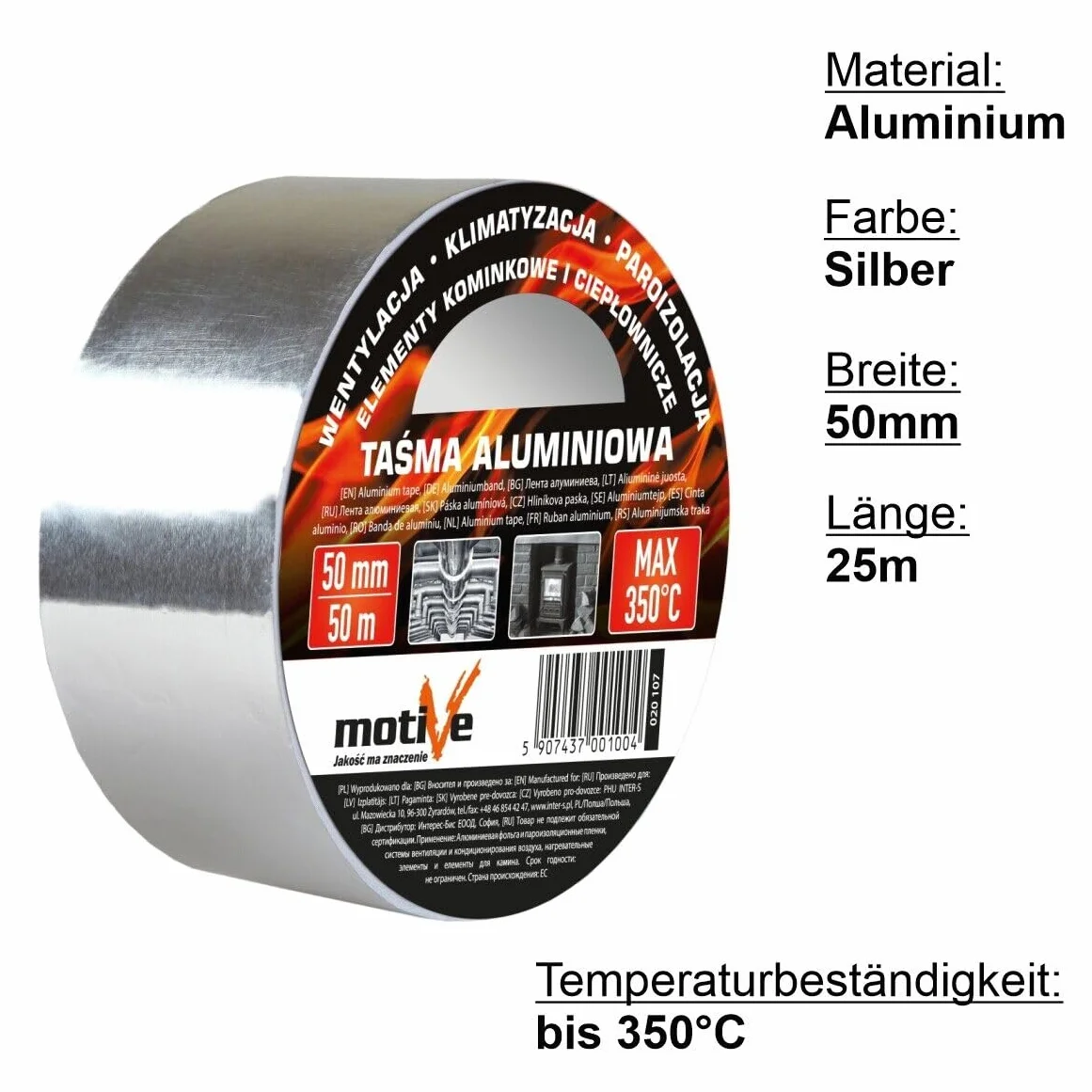 AGROHIT Aluminiowa taśma klejąca w rolce 350°C, 50 mm/25 m lub 50 mm/50 m