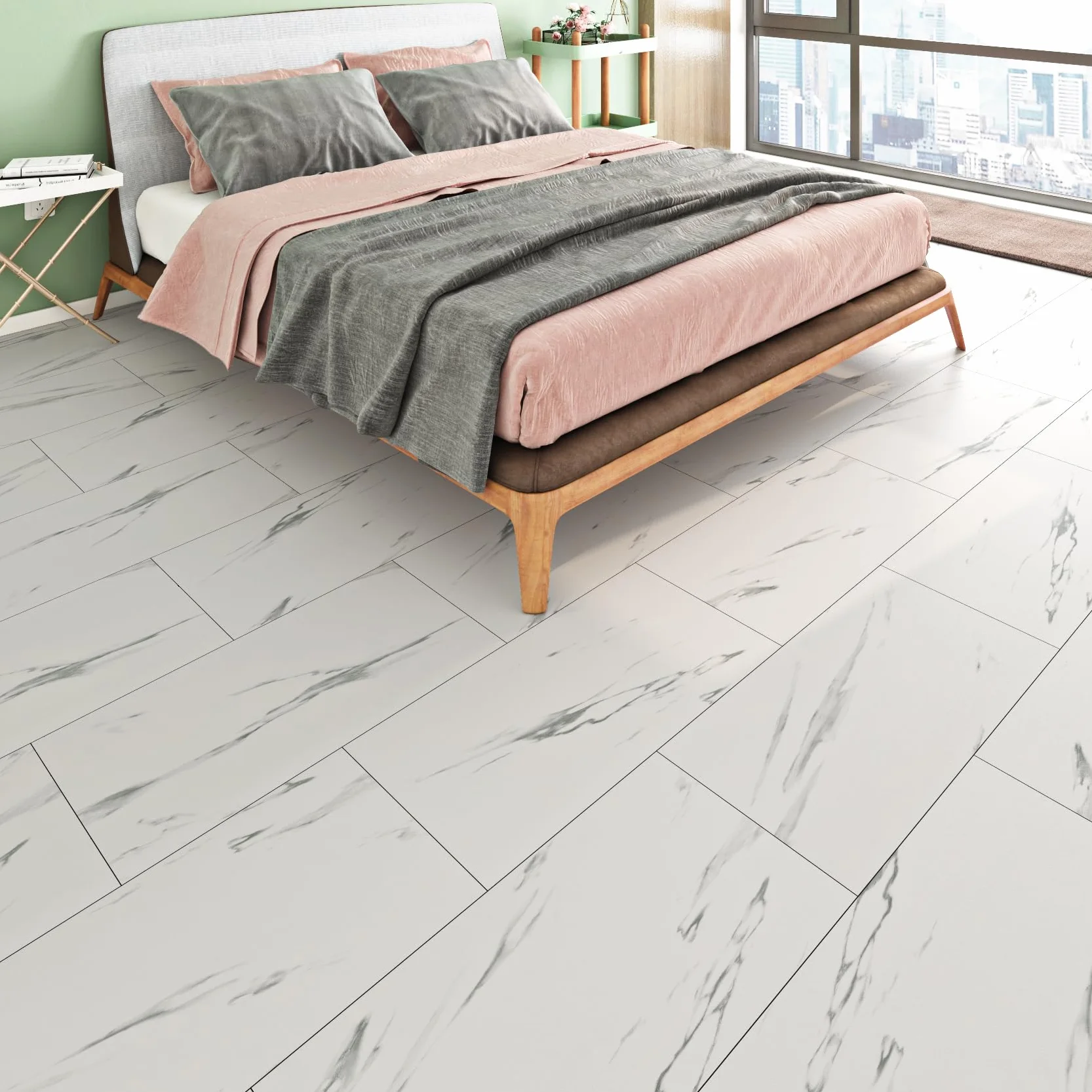 FunStick Samoprzylepna podłoga PCV Marble Look White 30×60CM 5 sztuk Płytki samoprzylepne Łazienka Płytki podłogowe Naklejki Kuchnia Winylowe płytki podłogowe Samoprzylepne marmurowe podłogi