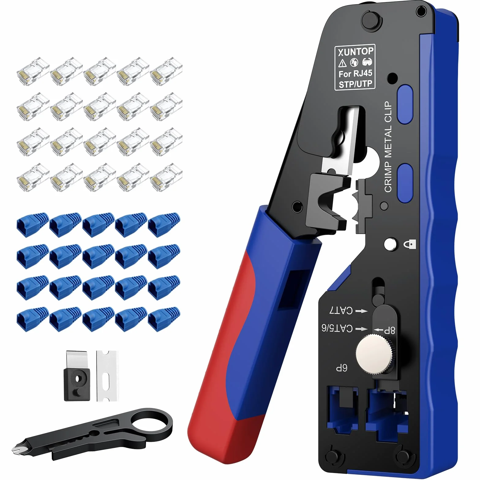 XUNTOP Szczypce zaciskowe RJ45 Pass-Through z 20 złotymi złączami wielofunkcyjnymi do ściągania kabli CAT5/CAT6/CAT7 - narzędzie do cięcia, odgarniania i zaciskania sieci Ethernet z wymienną folią