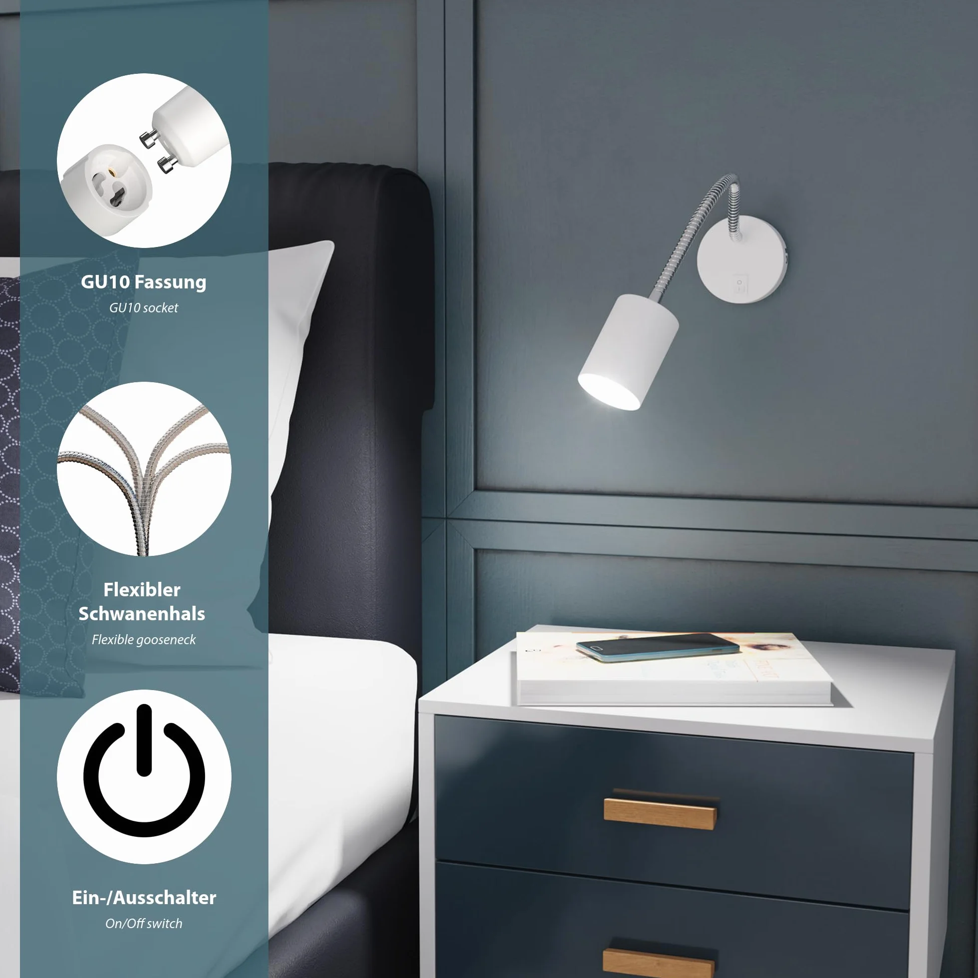 ledscom.de Lampa do czytania WAIKA z gęsią szyjką i przełącznikiem biały mat, w zestawie GU10 LED, PAR16, ciepła biel, 6,05W, 374lm, 70°, 3-stopniowy ściemniacz
