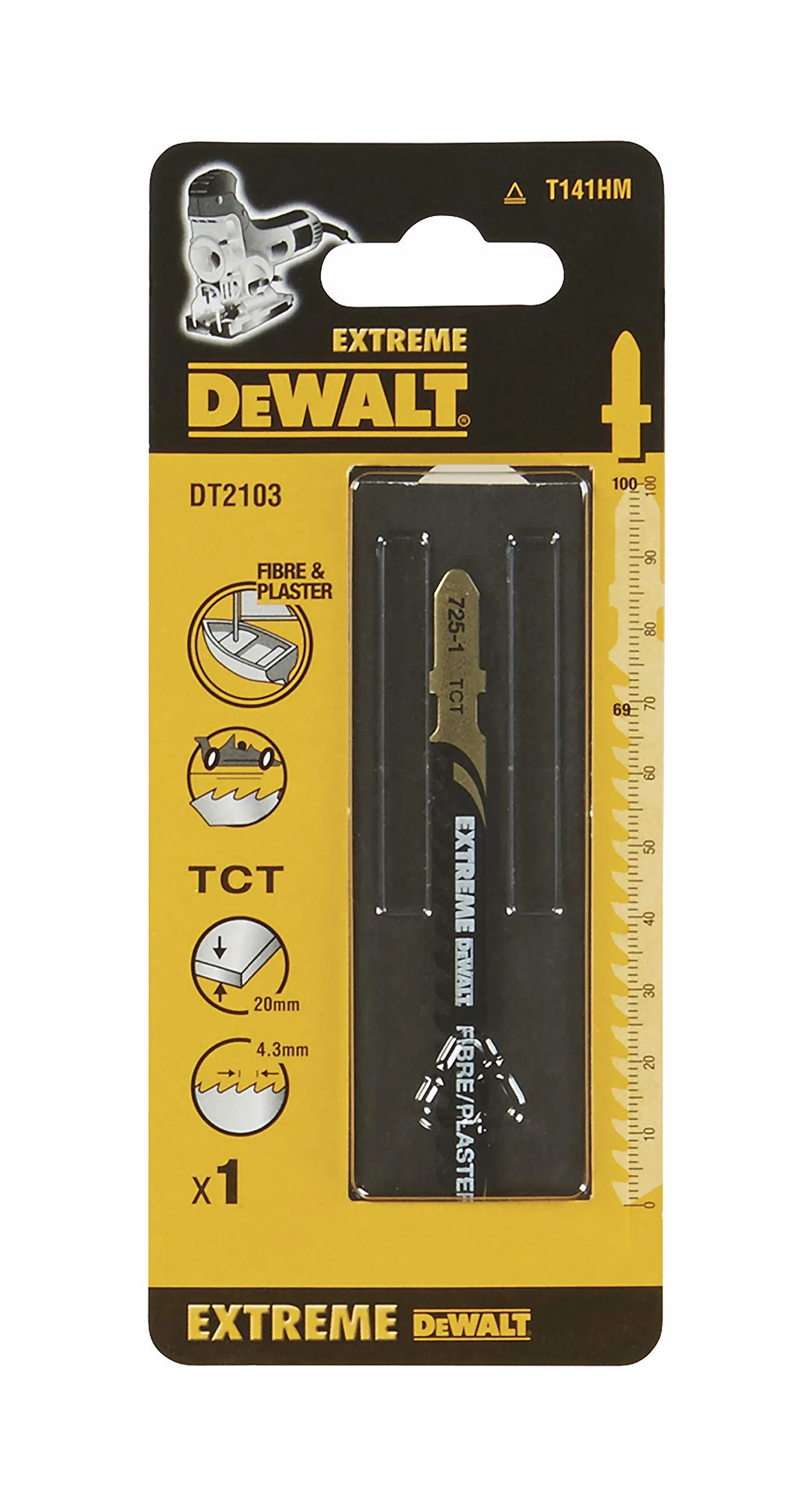 Dewalt Extreme DT2103 specjalna wyrzynarka (długość całkowita 100 mm, długość robocza 69 mm, podział zębów 4,3 mm, maks. głębokość cięcia: 20 mm, do cięcia w tworzywie sztucznym wzmocnionym włóknem
