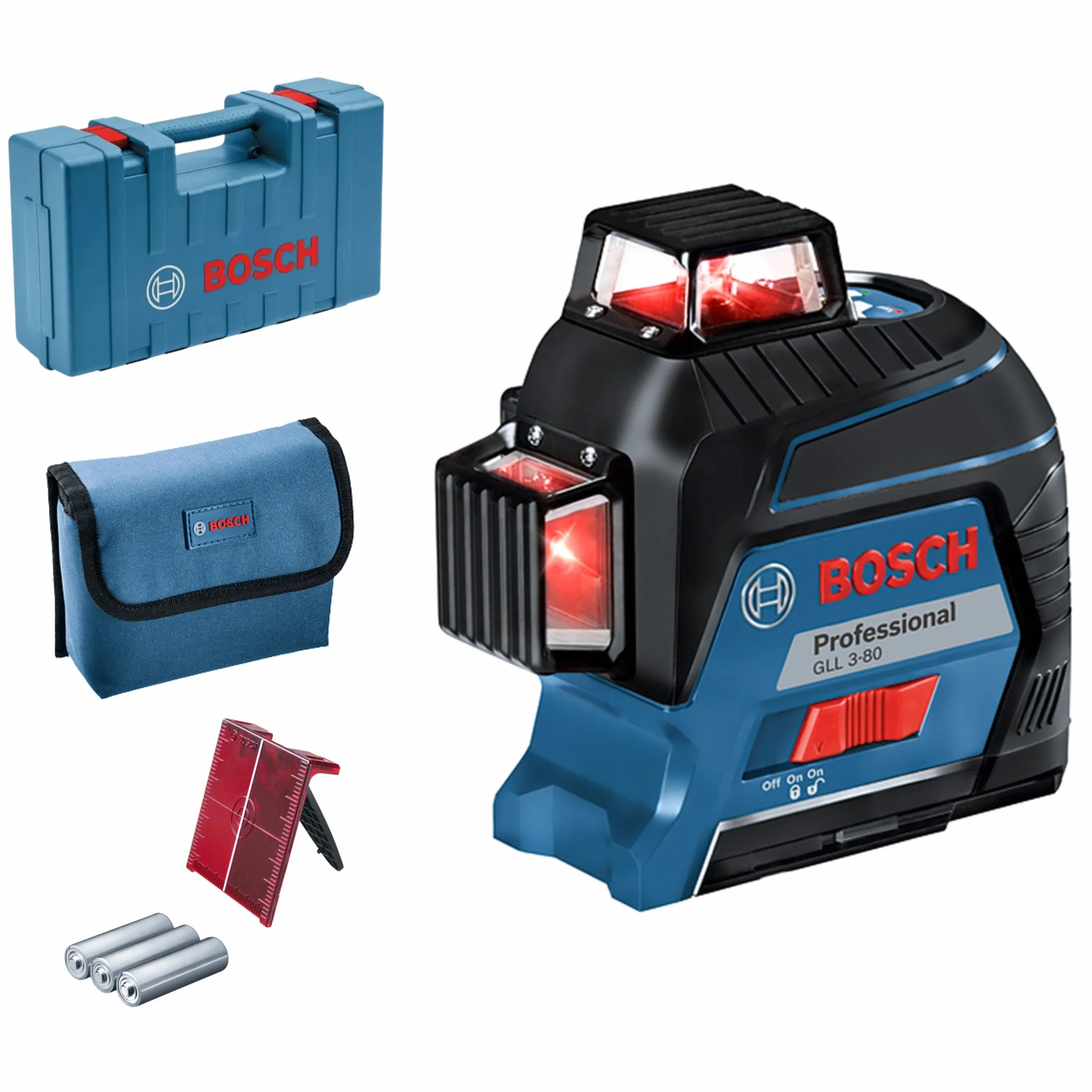 Bosch Professional Laser liniowy GLL 3-80 (czerwona wiązka, do pracy w pomieszczeniach, zasięg pracy: do 30 m, 4 baterie AA, walizka)