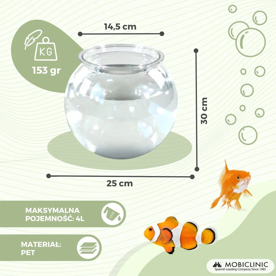 Mobiclinic® pets, Mał okrągł akwarium, Nemo, 4 litry, Plastik pet eco, Przezroczysty design, 20x20x17, 5cm, Łatwe do czyszczenia, Wytrzymałe, Idealne dekoracji domowej, Rośliny wodne