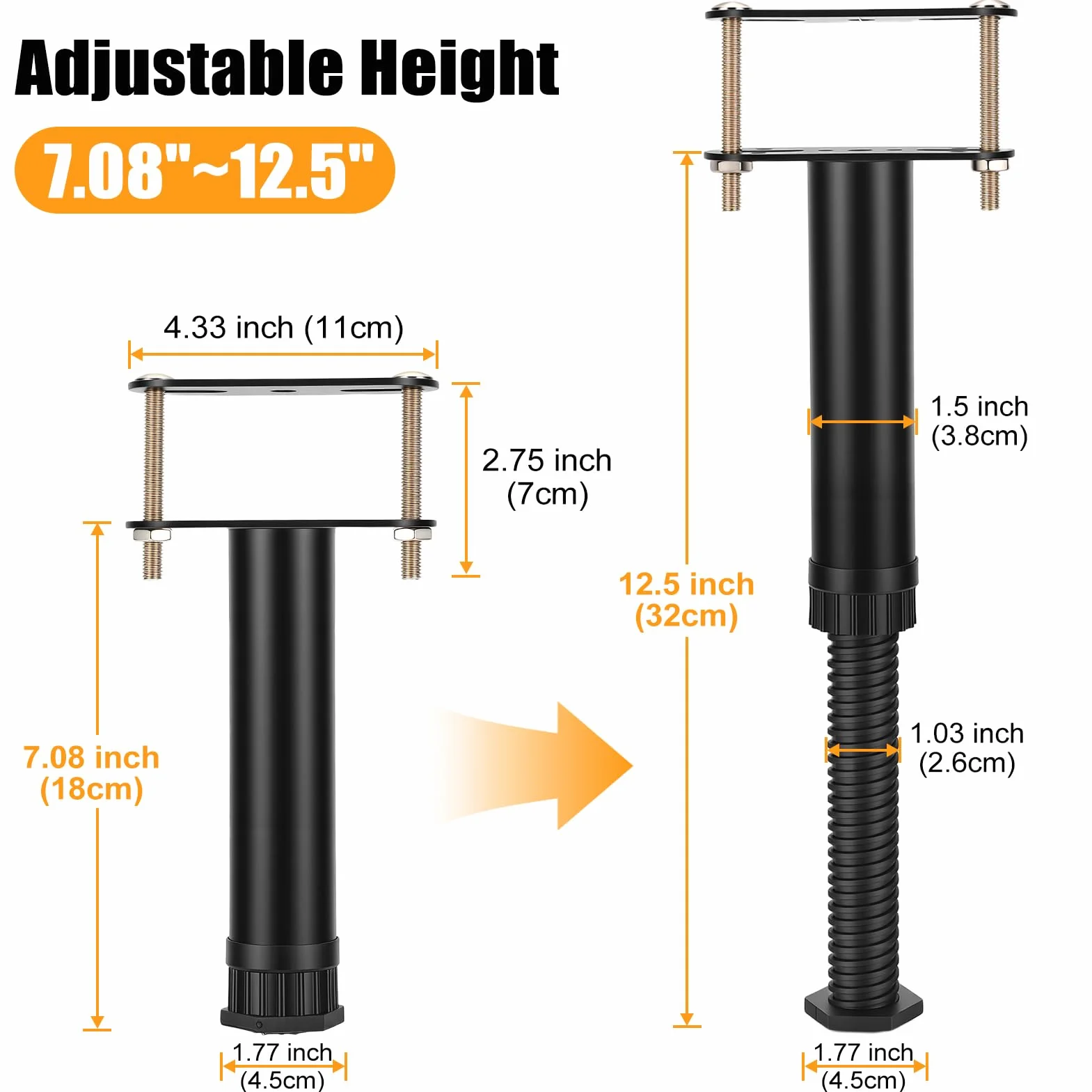 Yosoo Health Gear 6 szt. Noga Podporowa łóżka 18-32cm Regulowana wysokość Listwa środkowa łóżka Noga Podporowa z Pierścieniem Blokującym do Mebli