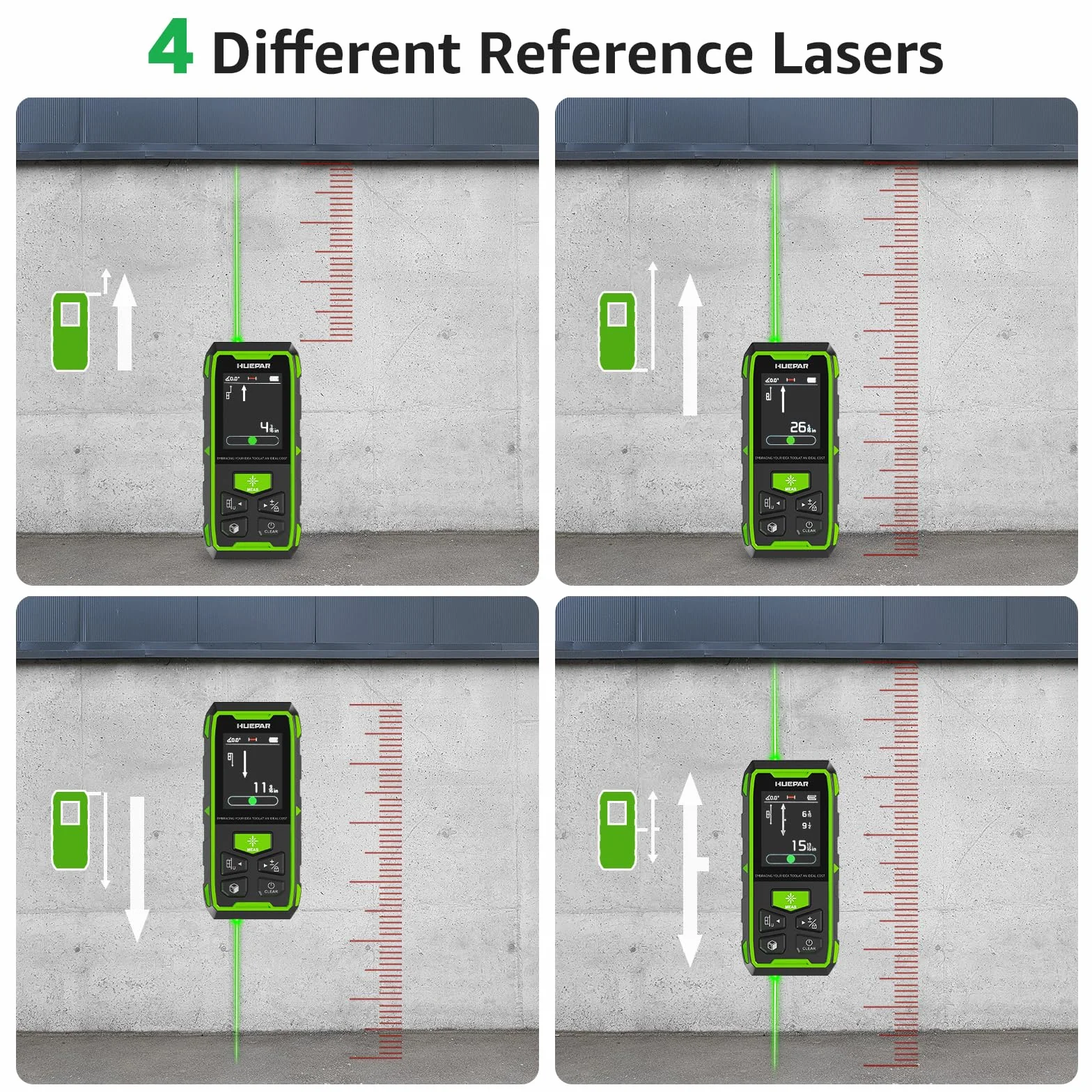 Huepar Miernik Laserowy 396FT Cyfrowy Pomiar Odległości z 2 Poziomicami Bąbelkowymi i Podświetlanym LCD