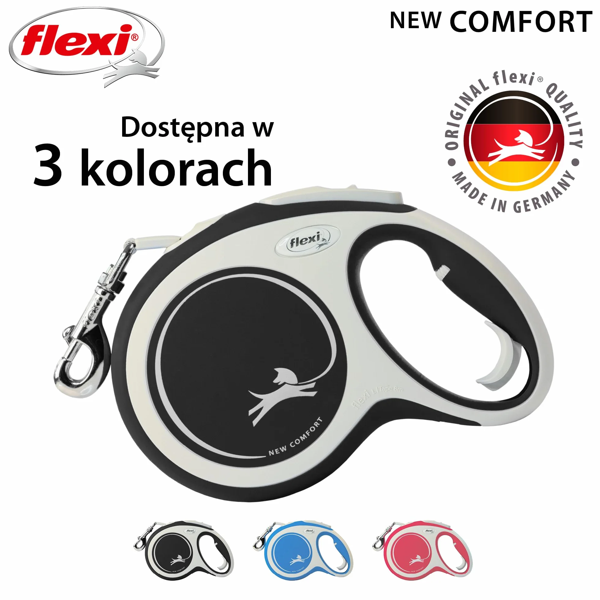 Flexi Comfort Smycz Automatyczna, Szary/Czarny, L/8m