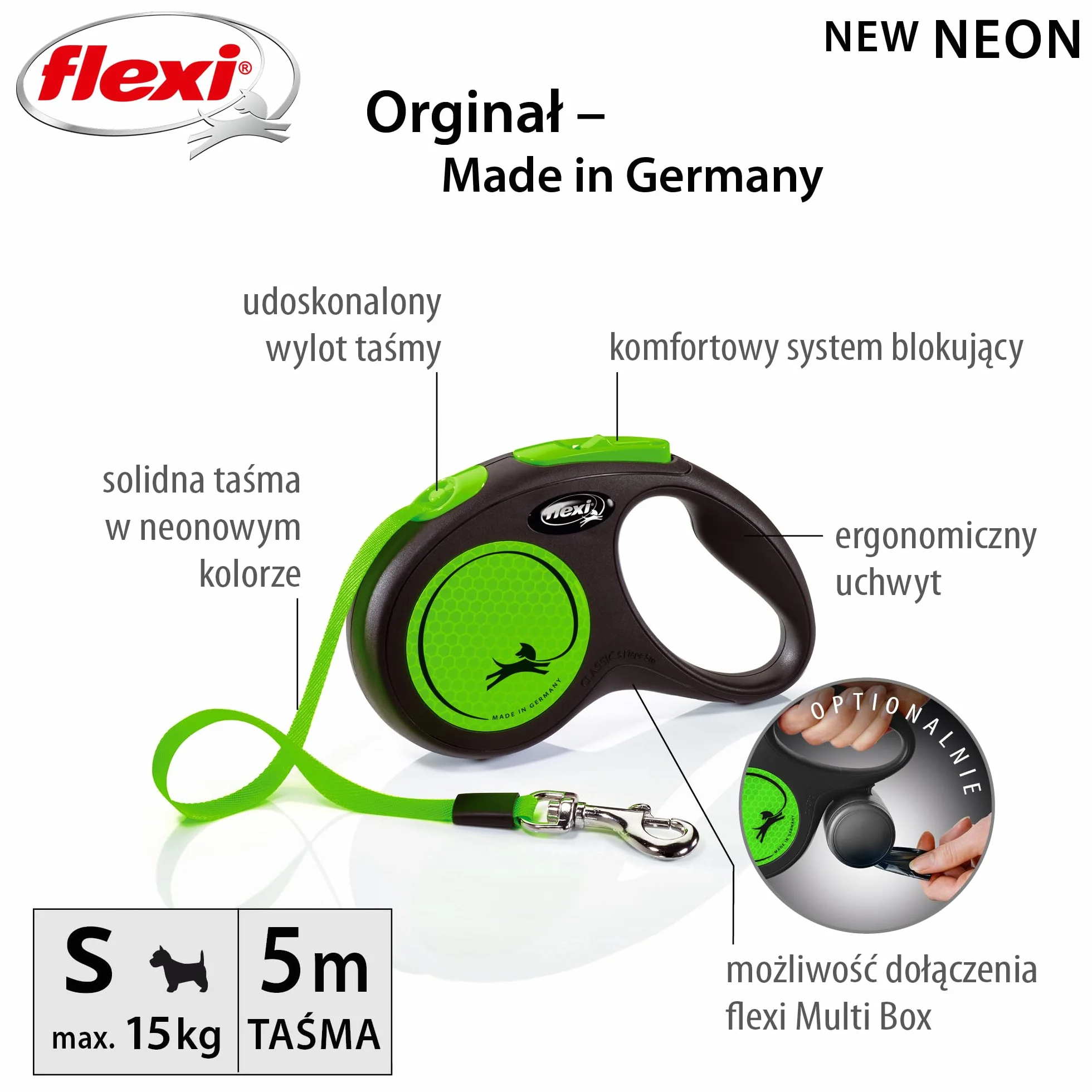 Flexi Nowa neonowa taśma zielona mała 5 m chowana smycz dla psa/smycz dla psów do 15 kg
