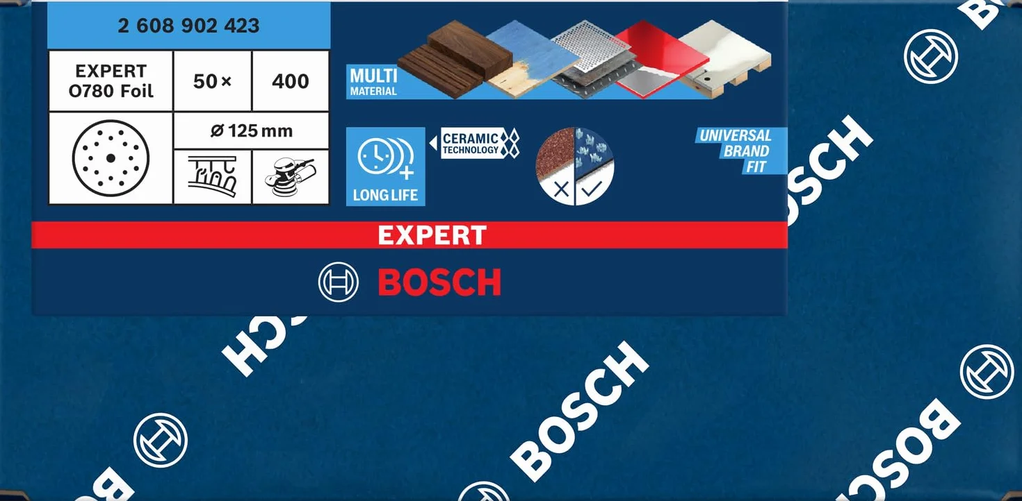 Bosch 50x EXPERT O780 tarcza szlifierska do folii, 125 mm (do twardego drewna, farba na drewnie, Ø 125 mm, ziarnistość 400, profesjonalne akcesoria szlifierka mimośrodowa)
