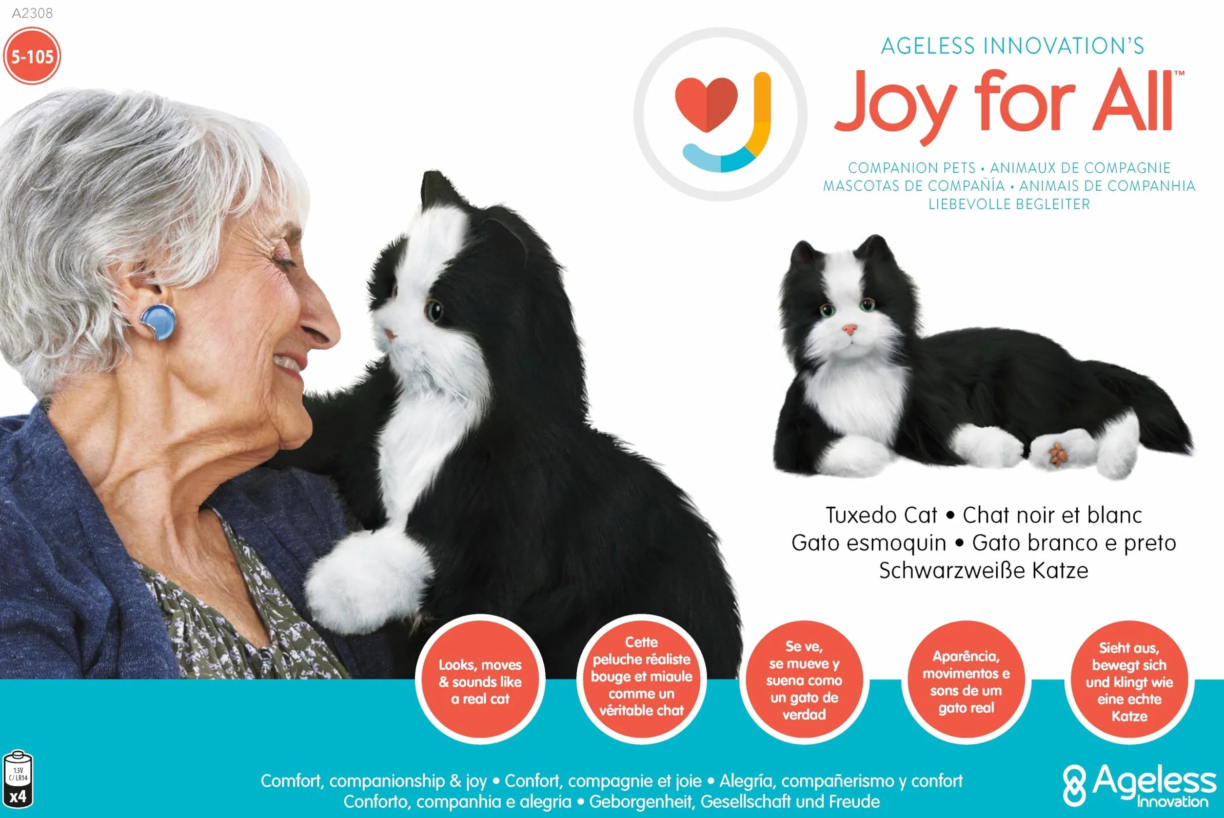 Joy For All C2308 A23085L00 Companion Pet, Black & White Tuxedo Cat, One Size
