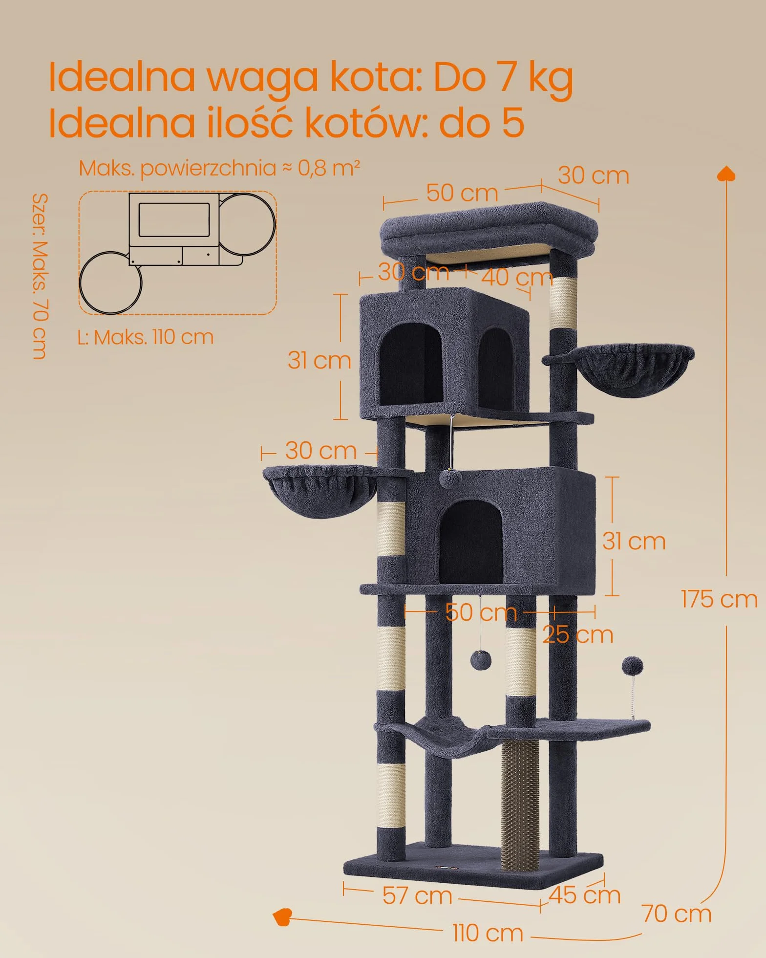 Feandrea duży drapak, wysokość 175 cm, XL, wielopoziomowy drapak dla kota z 2 jaskiniami, 2 leżakami, 5 drapakami, szczotka dla kota, duża platforma, ciemnoszary PCT182G02
