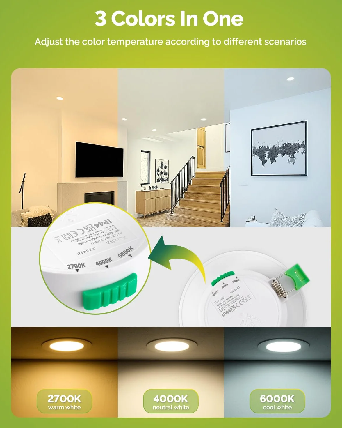Fondiiz 12-pakiet świateł sufitowych LED, 5W światła punktowe 3CCT ciepła biel 2700K naturalna biel 4000K chłodna biel 6000K regulowana, wycięcie 68mm, LED światła sufitowe wpuszczane IP44 do łazienki