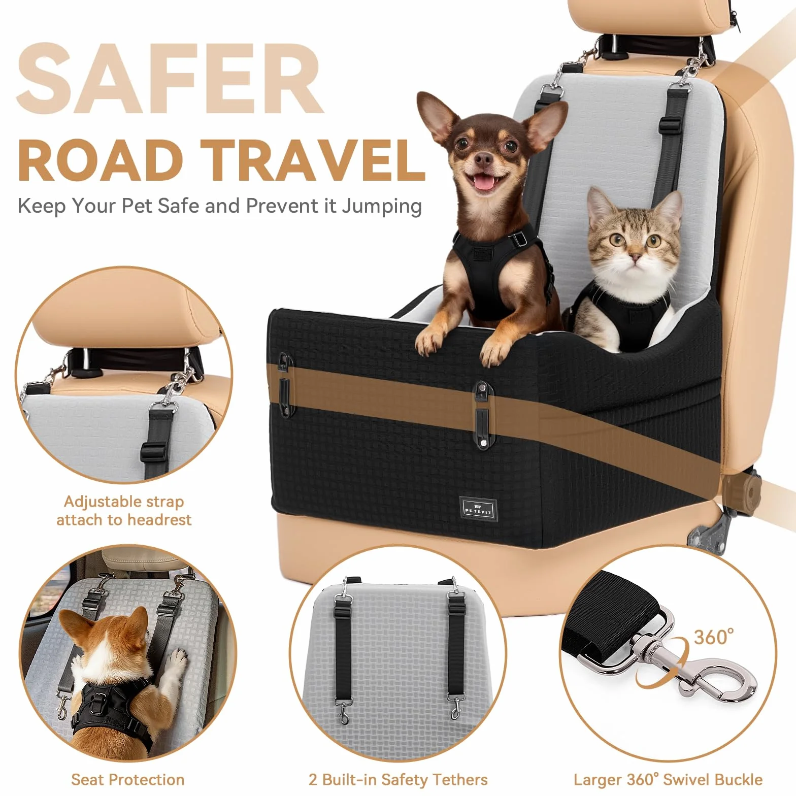 PETSFIT Podwyższony fotelik samochodowy dla małych/średnich psów o wadze do 15 kg – 15 cm, podwyższona poduszka obserwacyjna, smycz bezpieczeństwa 700N, antypoślizgowa podstawa, nadająca się do prania
