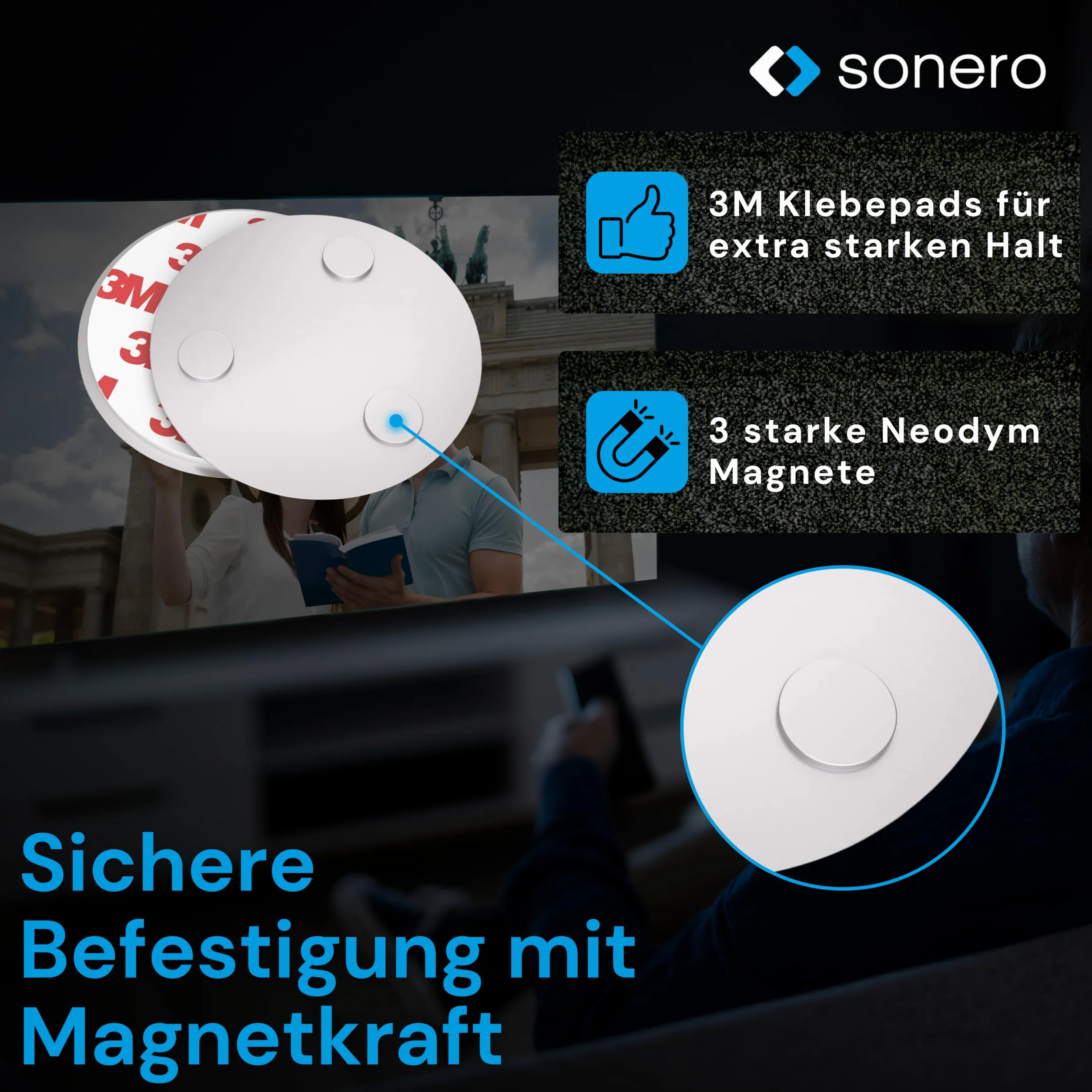 Sonero MH-070 uchwyt magnetyczny do czujników dymu (detektor tlenku węgla i inne produkty), średnica 70 mm, bardzo silne magnesy, 1 sztuka uchwyt magnetyczny, 1 zestaw