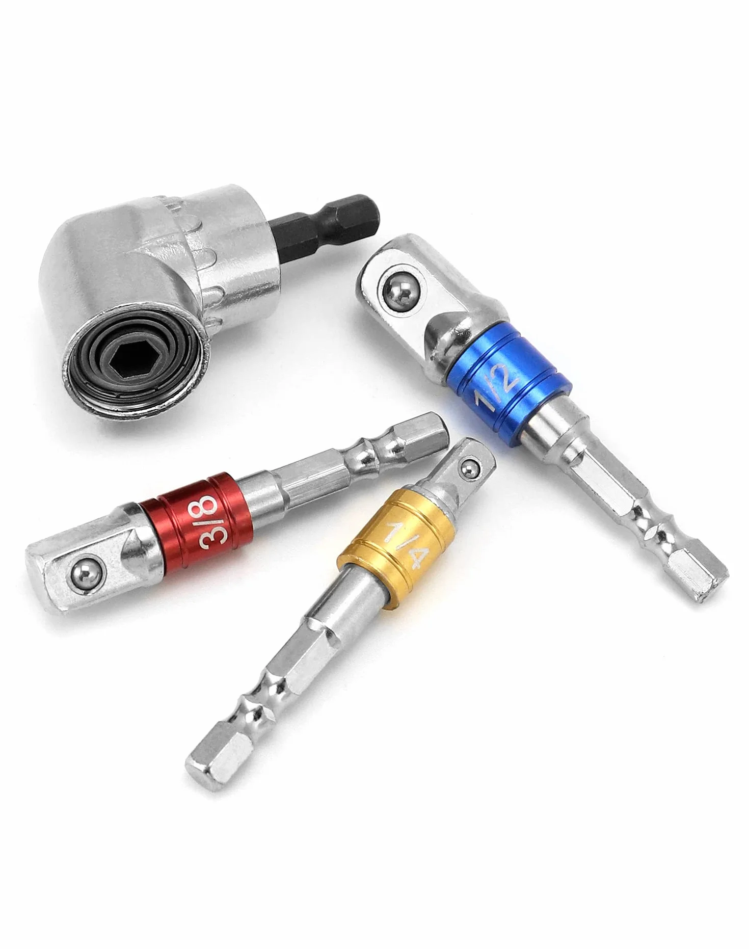 QWORK® Adapter do wkrętarki kątowej 105°, adapter kątowy do wkrętarki akumulatorowej, wiertło z chwytem sześciokątnym, z 3-częściowym adapterem nasadowym 1/4" 3/8" 1/2"