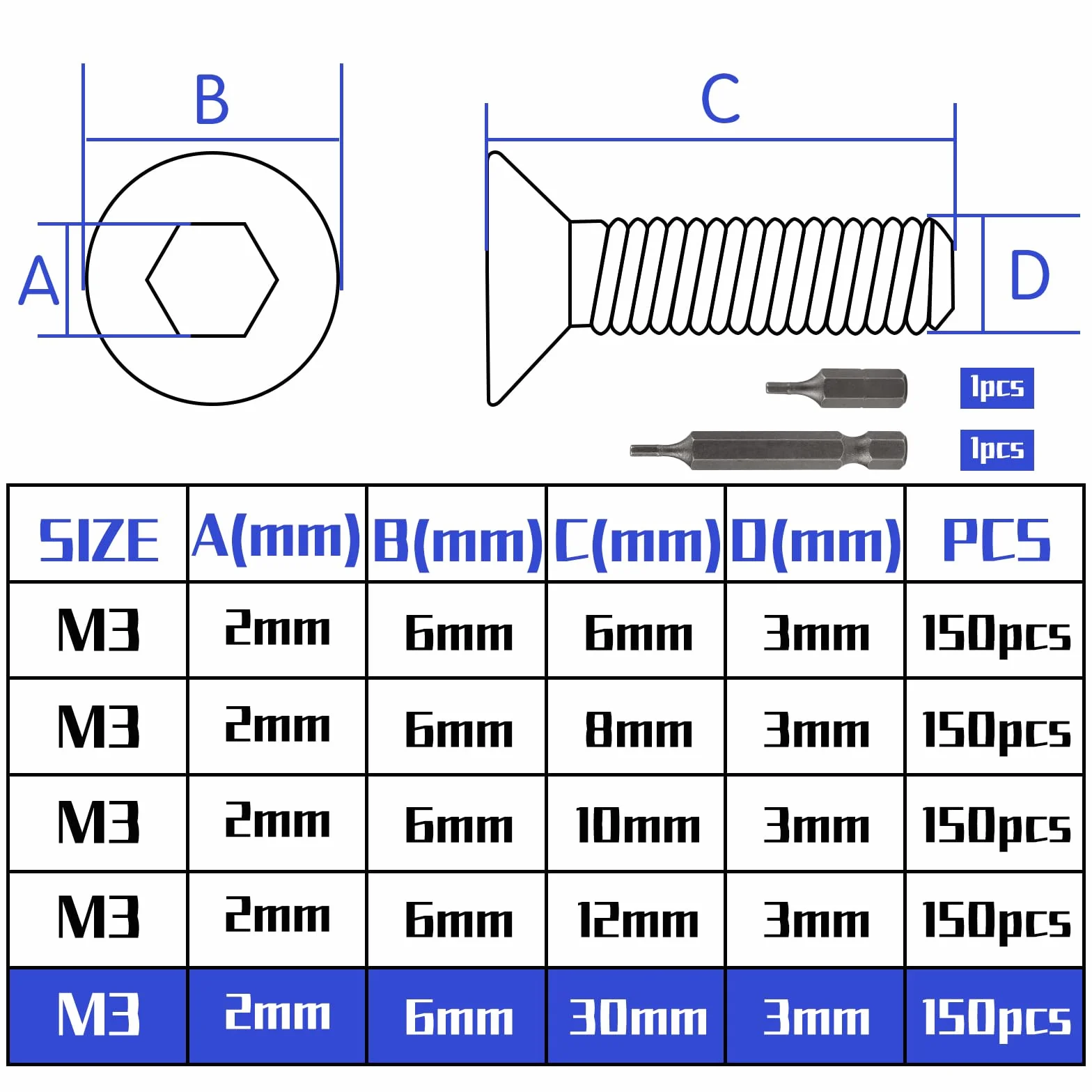 150 szt. śrub z łbem stożkowym ze stali nierdzewnej M3 x 30 mm, śruby z łbem sześciokątnym M3, śruby ze stali nierdzewnej, z łbem stożkowym, z 2 szt. sześciokątnych łeb wkrętaka, wkręty gwintowane