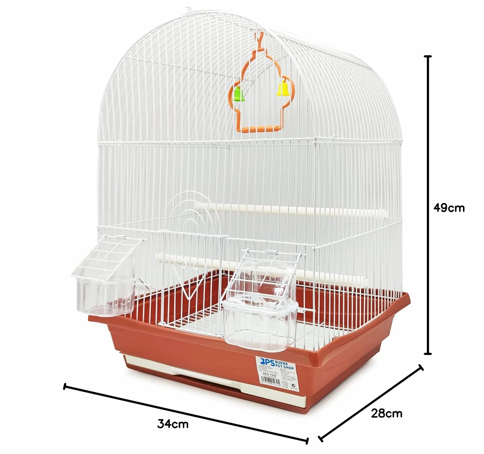 BPS BUENA PET SHOP Klatka dla ptaków na papugę kanarkową z karmnikiem, miska do picia, 2 wieszaki, huśtawka, trwała, brązowa, 34,5 x 28 x 49,5 cm