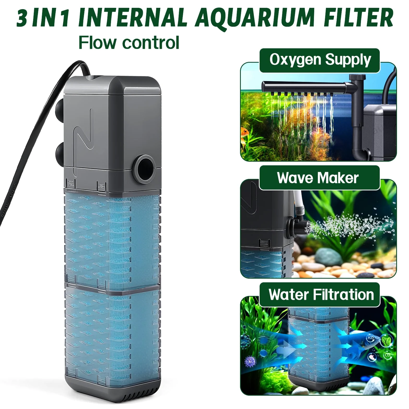 EXLECO Filtr wewnętrzny do akwarium 9W 800L/H 1,1M z wymienną gąbką regulowany 20-50L