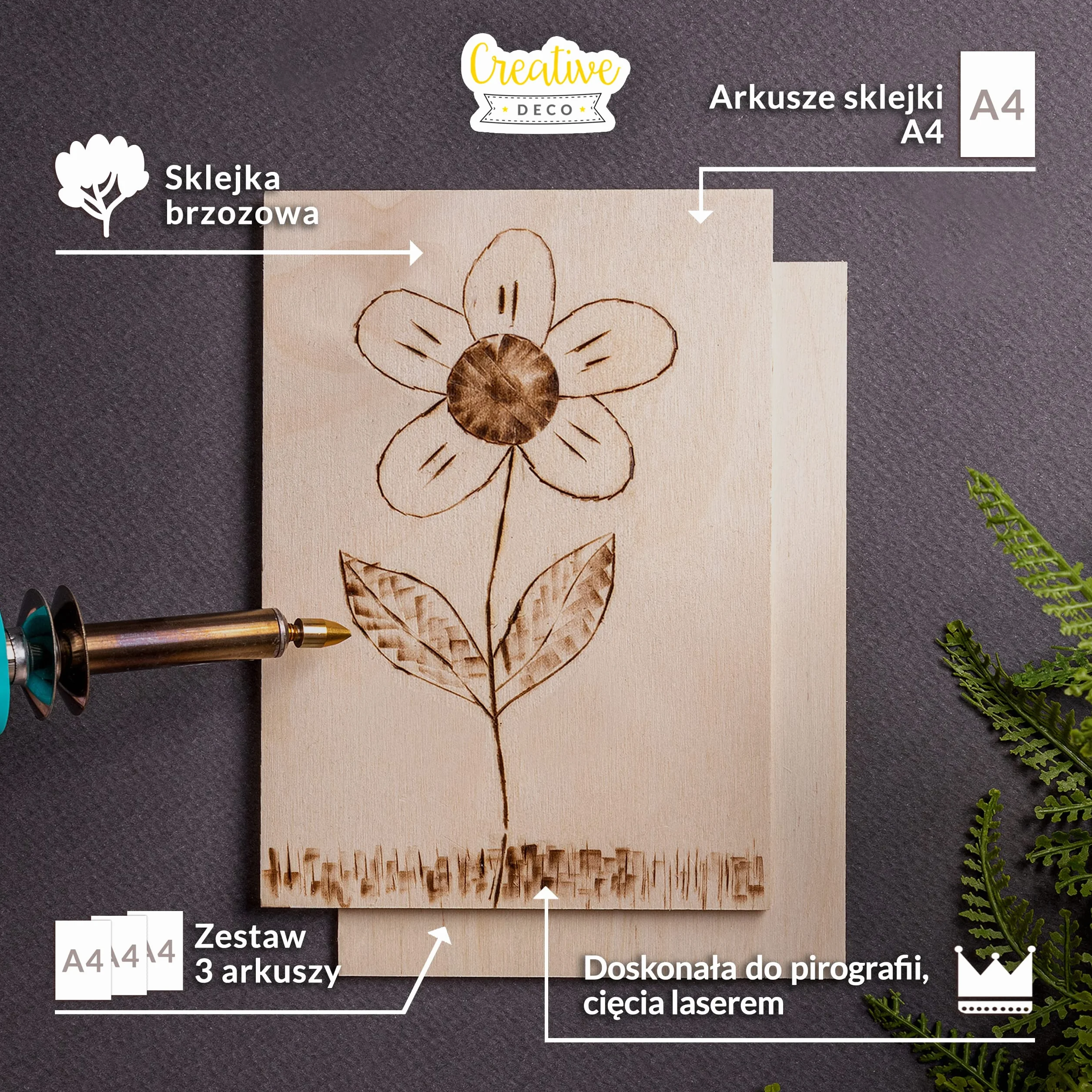 Creative Deco 3 x A4 Sklejka 3mm | 300 x 210 x 3 mm (+/- 2mm) | Płyty ze Sklejki do Majsterkowania i Prac Manualnych Pirografii, Cięcia Laserem, Modelarstwa, Frezowania, Ploter CNC, Wyrzynarka