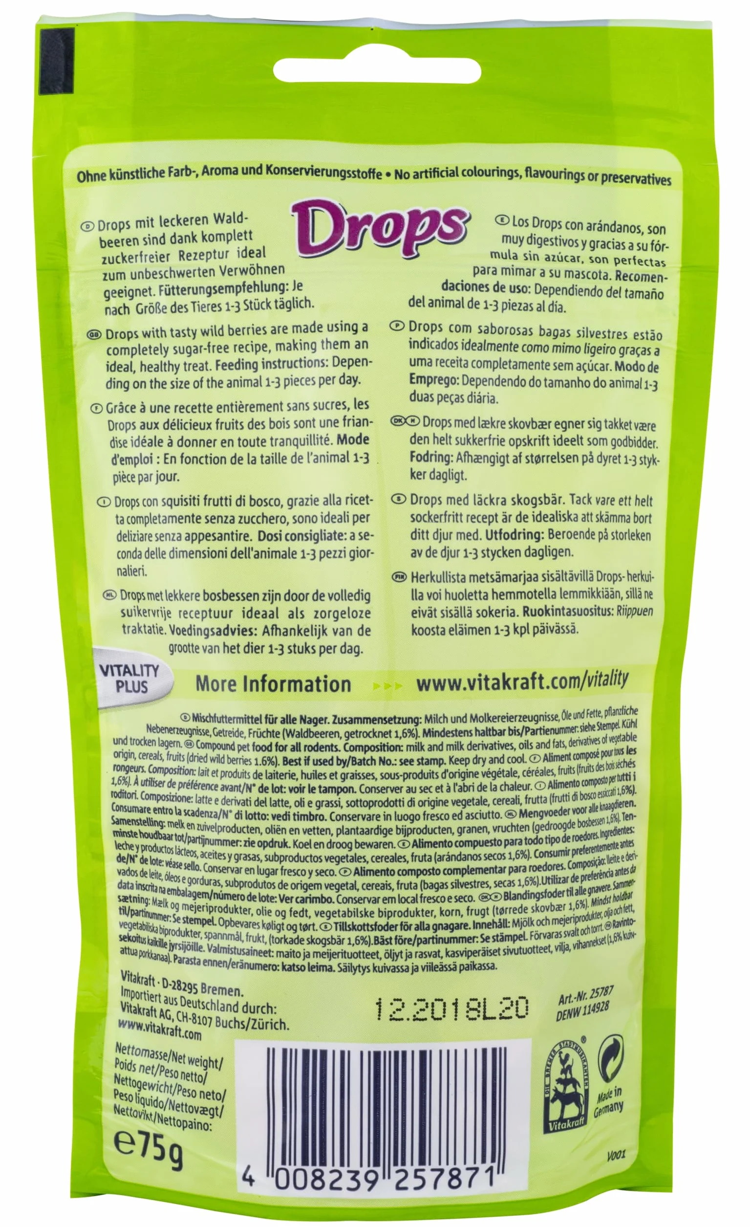 Vitakraft Krople, smakołyki dla gryzoni, z leśnymi jagodami, karma dla gryzoni, do rozpieszczania, bez dodatku cukru (1 x 75 g)